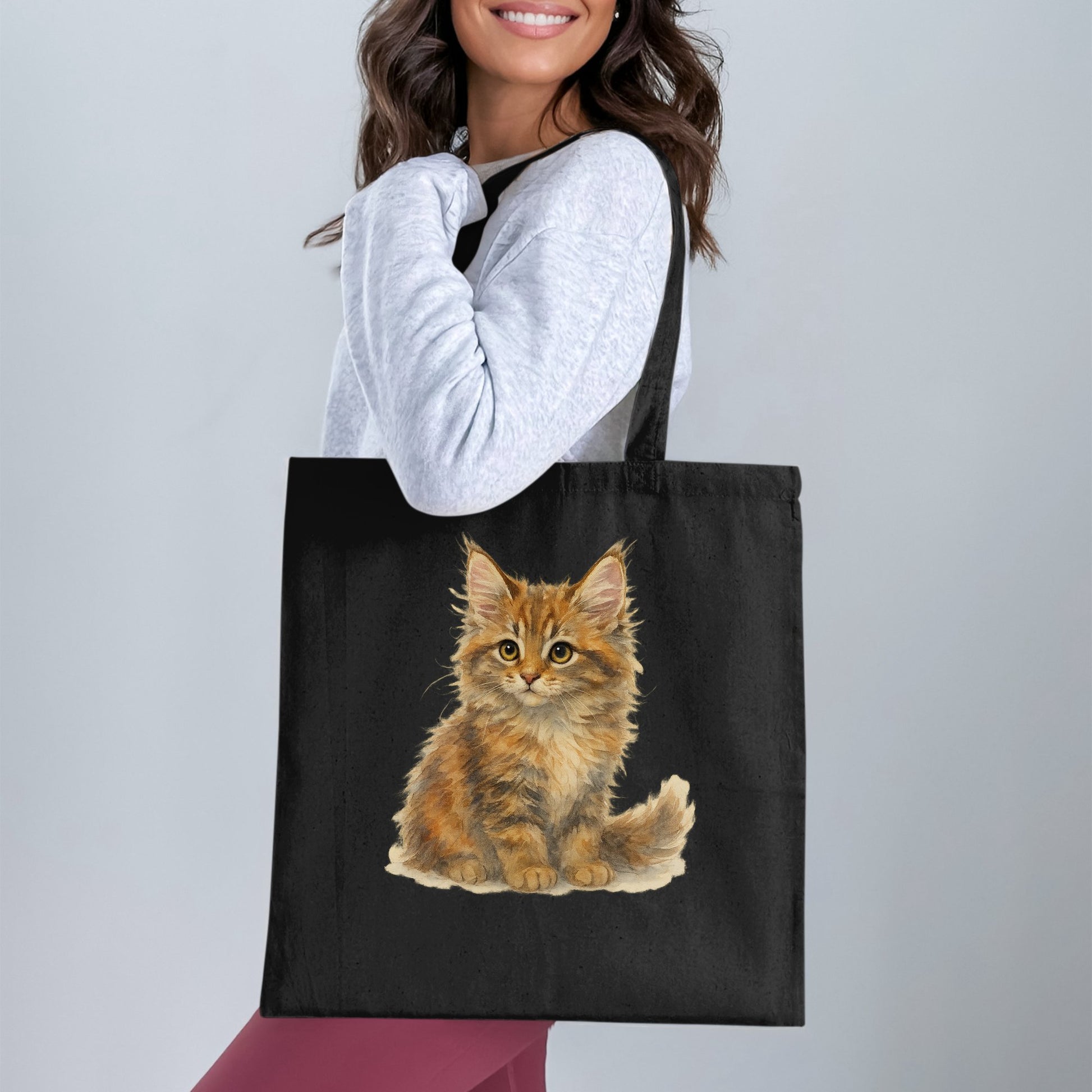 Cute Fluffy Orange Kitten Print Black Tote Bag product type