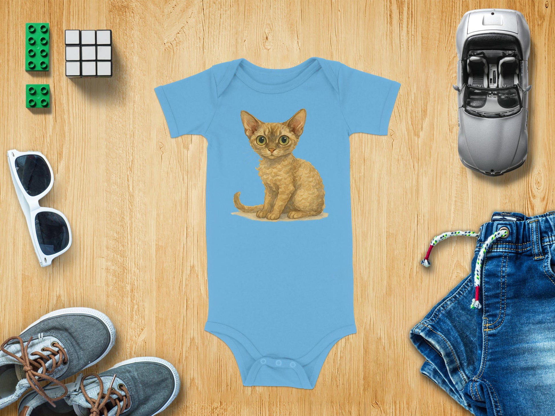 Cute Cat Illustration Solid Blue Baby Suit product