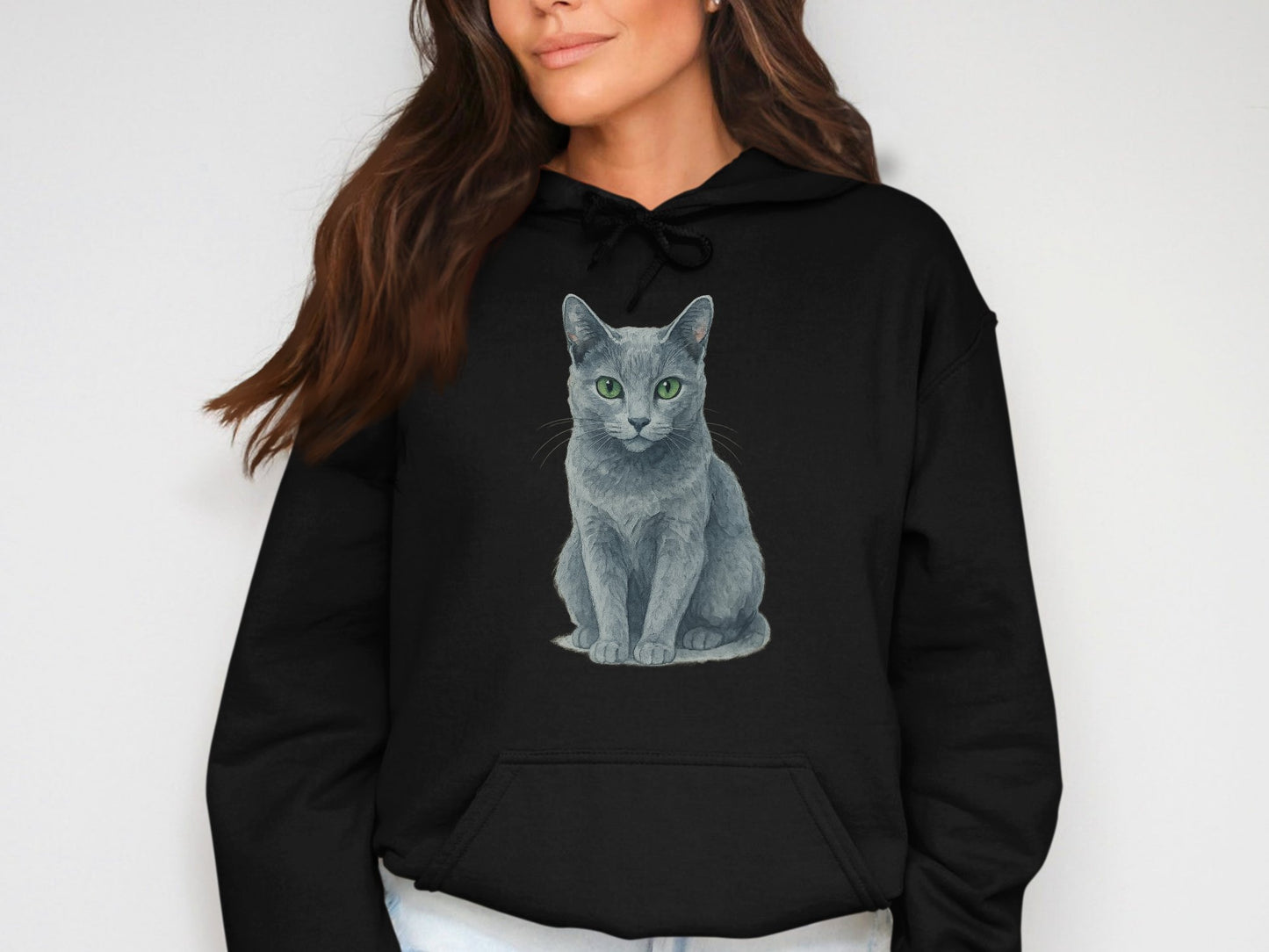 Cozy Black Hoodie with Cute Gray Cat Print product