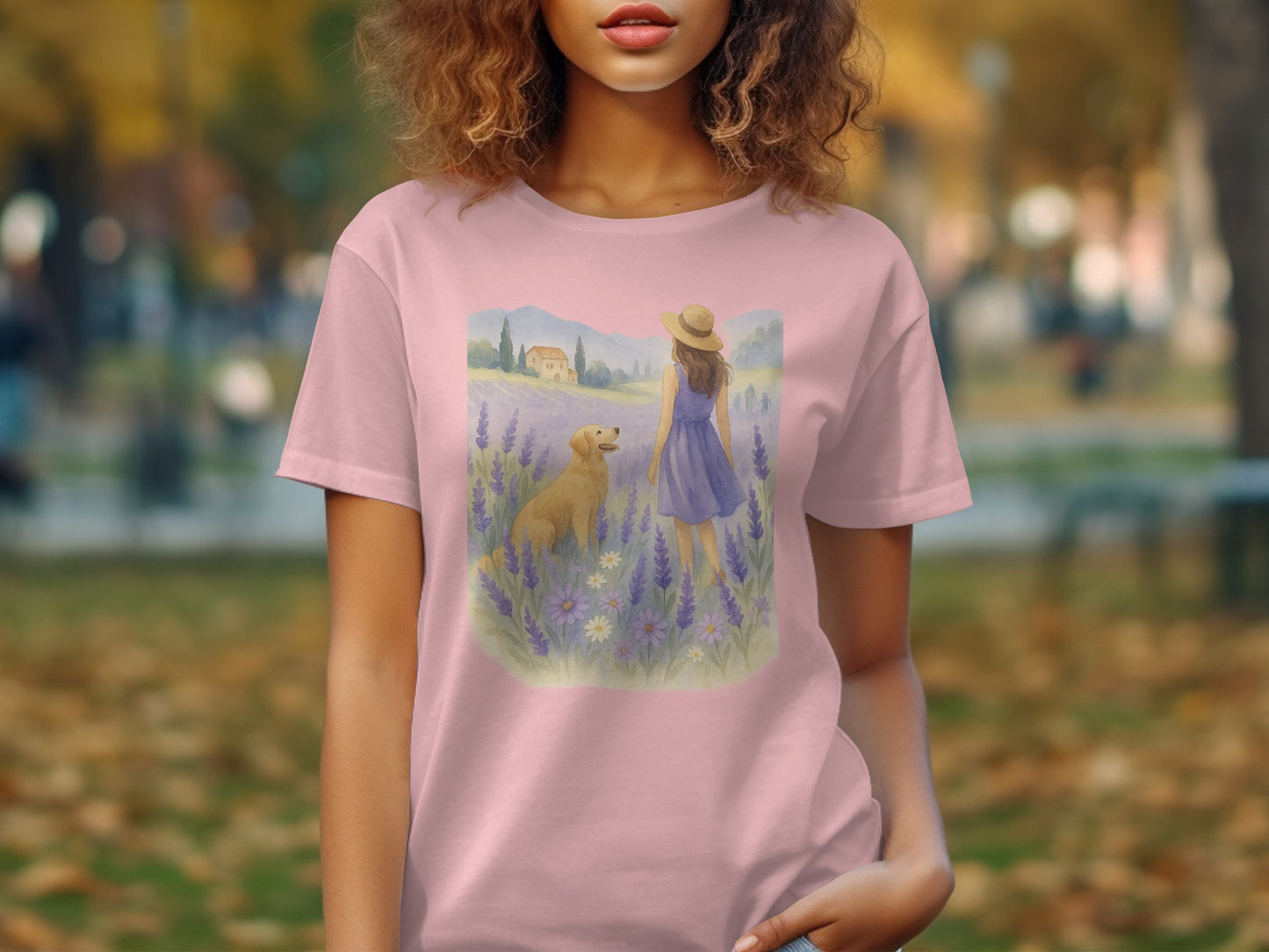 Woman and Dog in Lavender Field Graphic T-shirt product