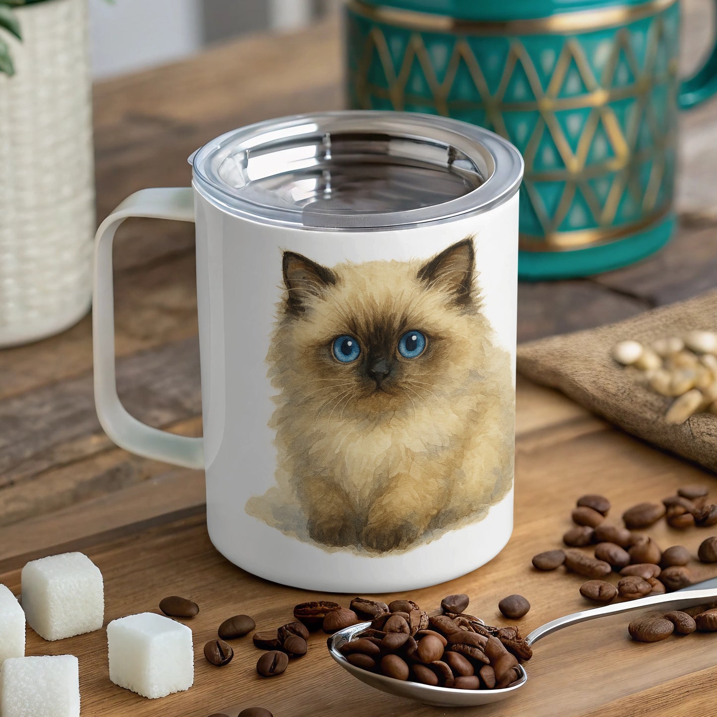 Cute Fluffy Cat with Blue Eyes Design White Mug product