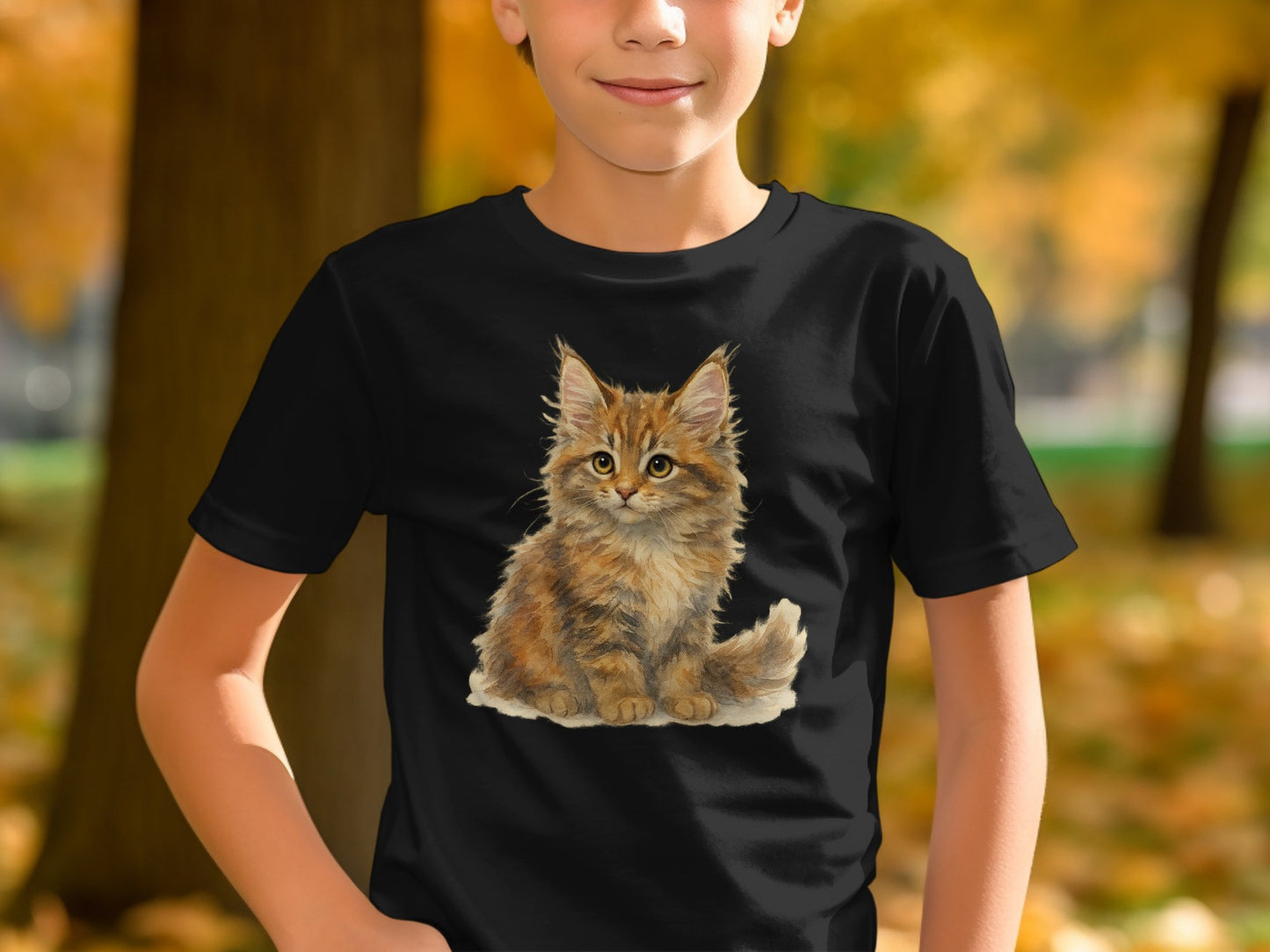 Cute Fluffy Kitten Print on Black T-Shirt product type