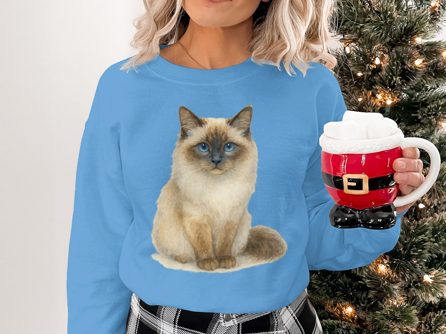 Cozy Blue Sweater Featuring Fluffy Cat Design product type