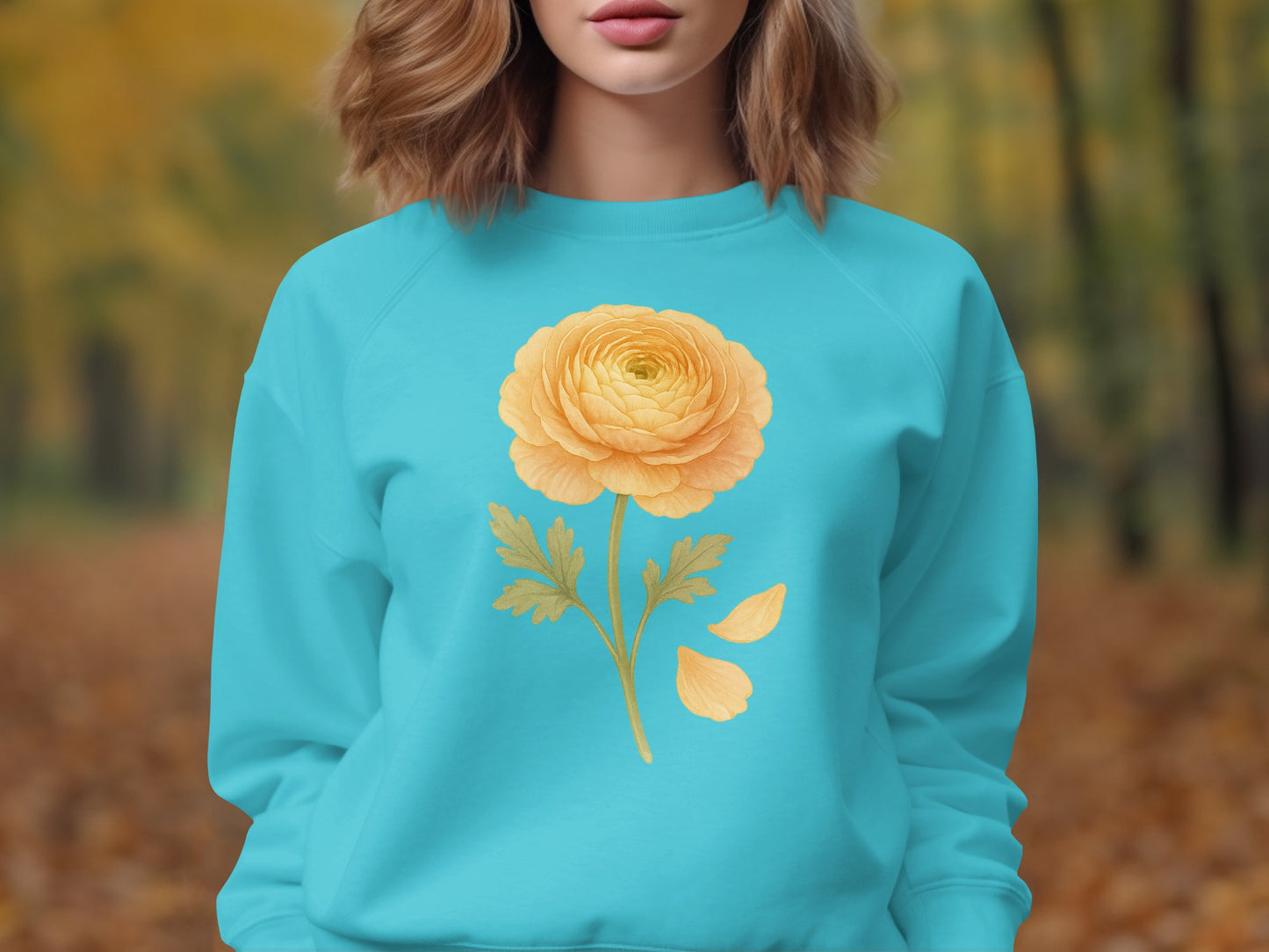 Vibrant Yellow Flower Print on Blue Sweater product
