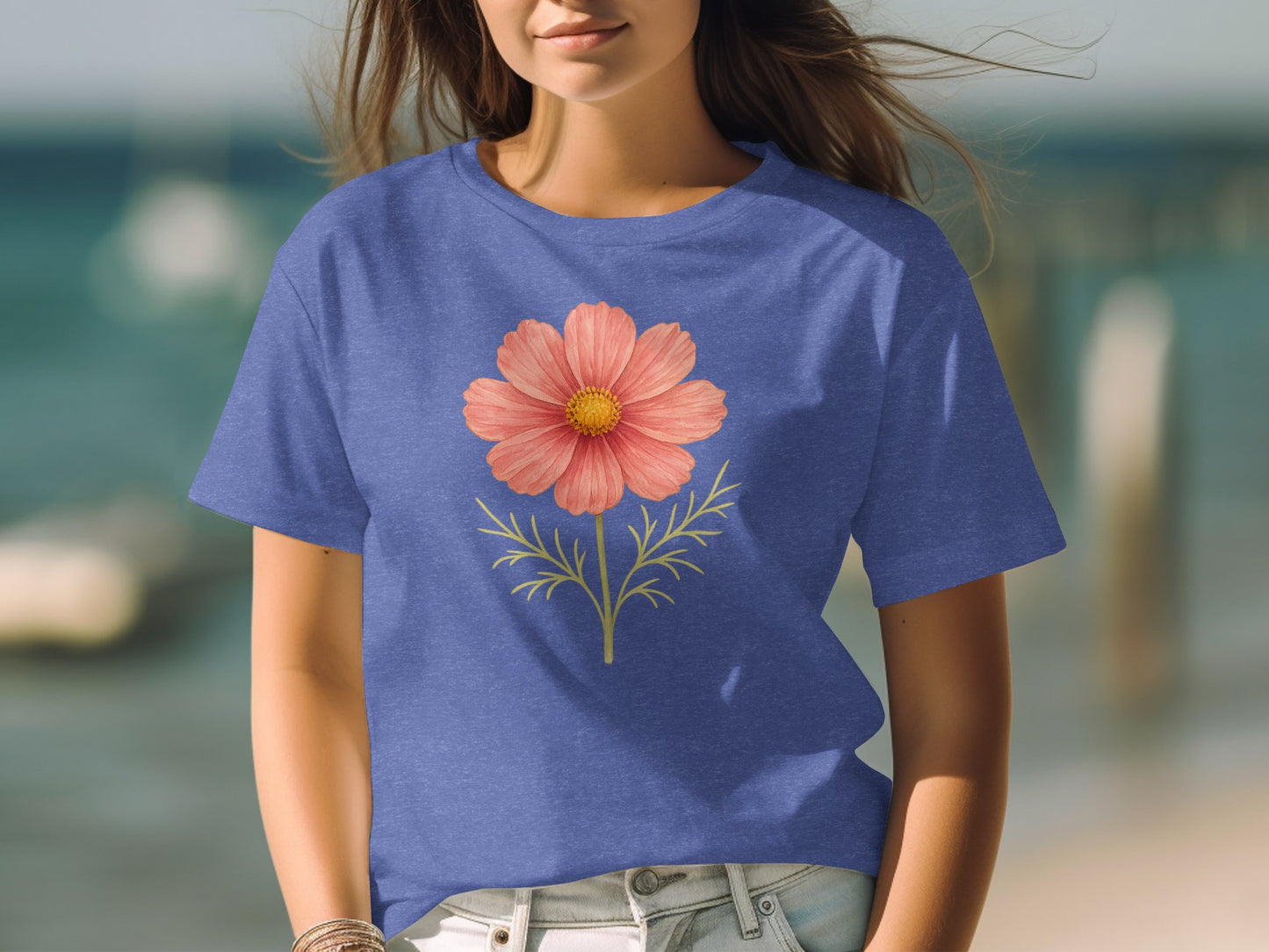 Blue T-Shirt With Pink Flower Design Casual Top product type