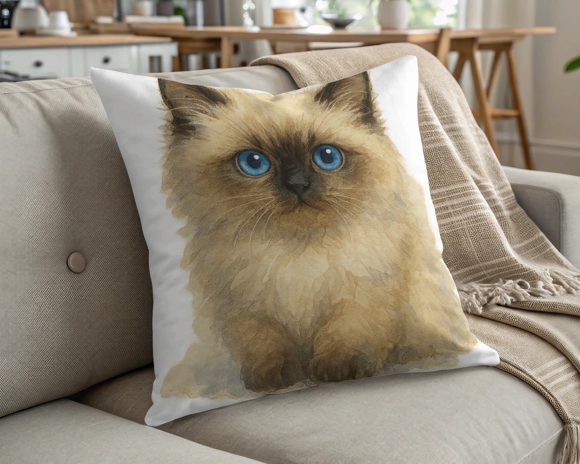 Cute Fluffy Cat with Blue Eyes Throw Pillow product