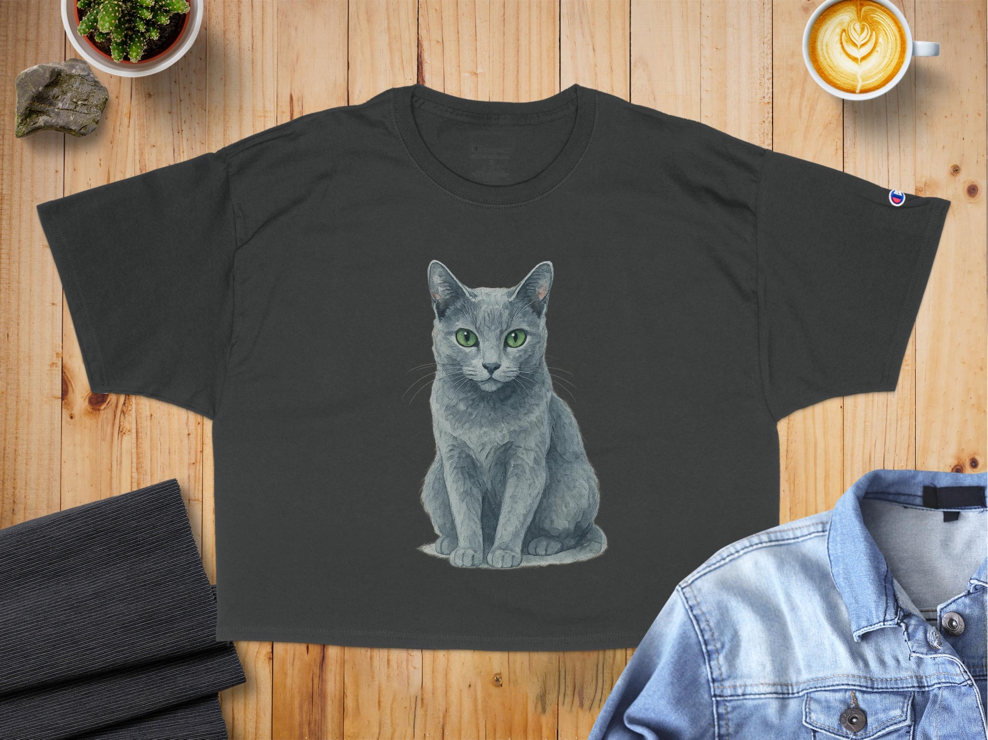 Cute Green-Eyed Cat Print On Black Crop Top product