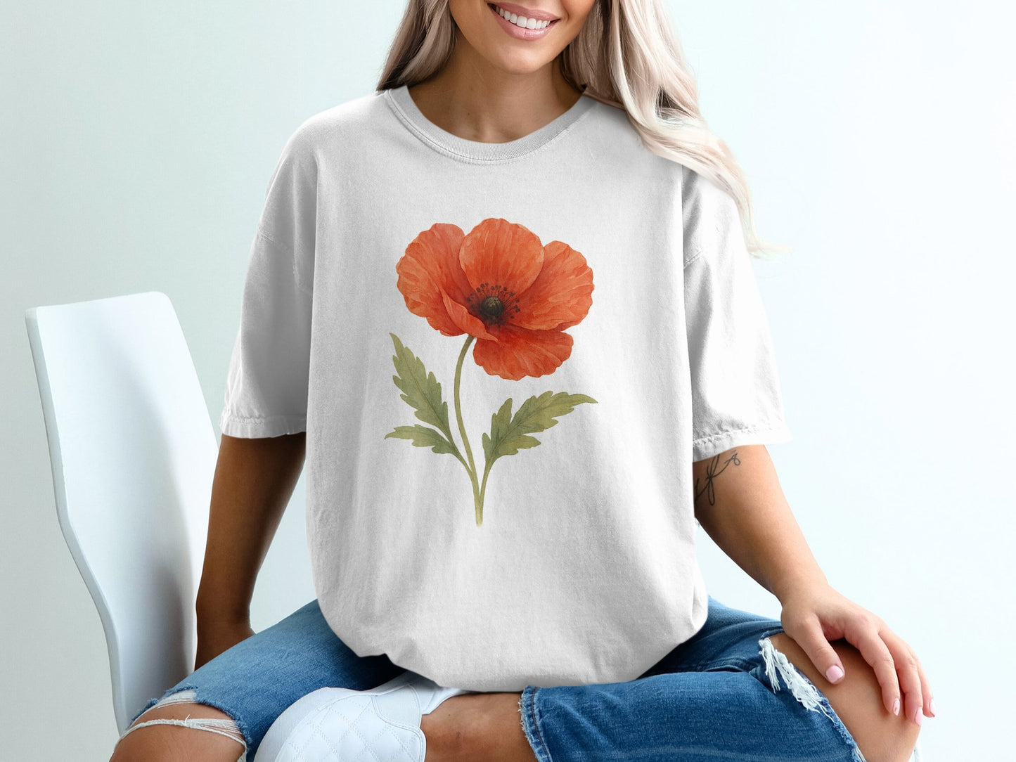 Stylish White Tee Featuring Bold Red Poppy Flower product type
