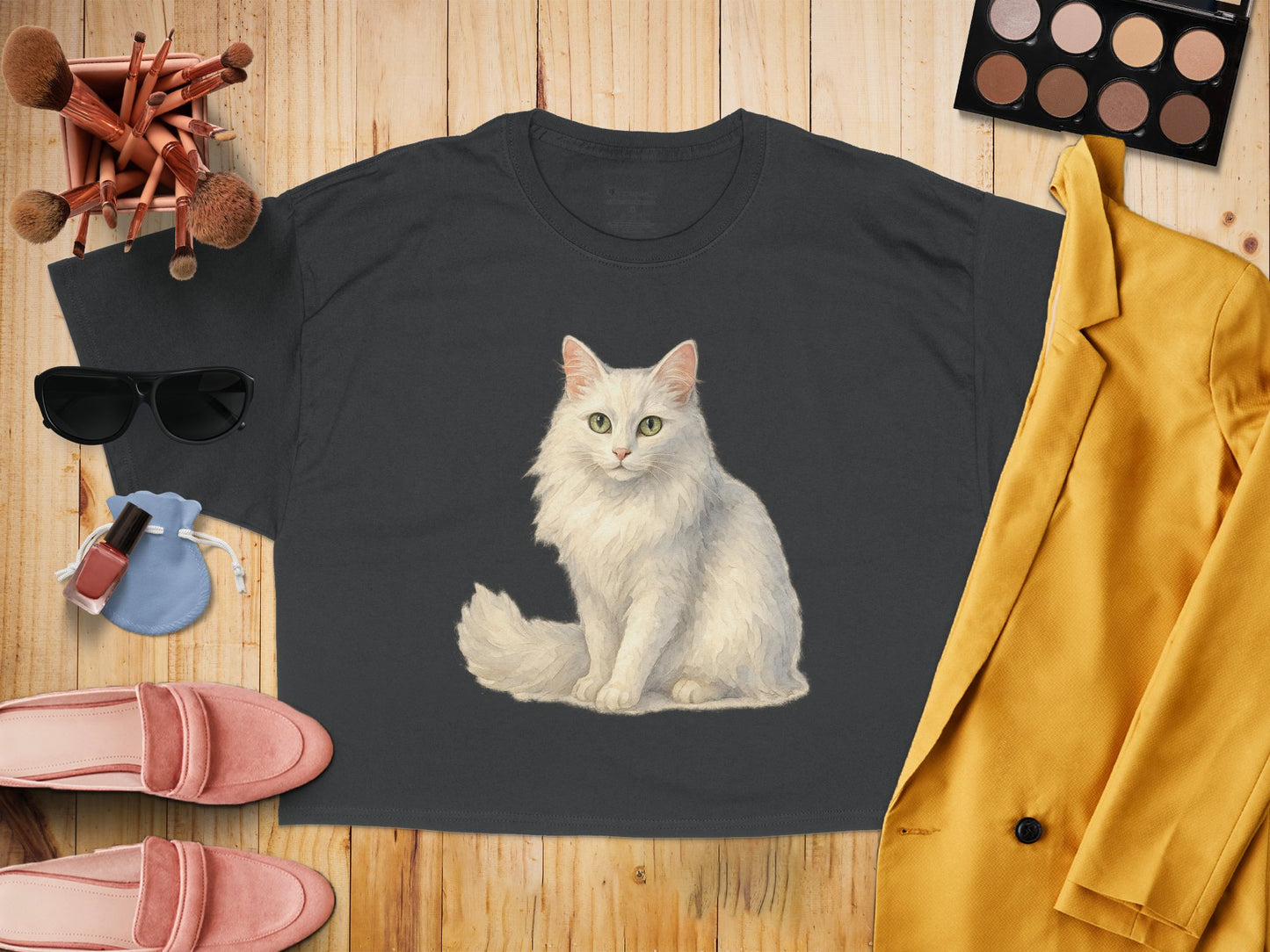 White Fluffy Cat Printed Black Women's T-Shirt product