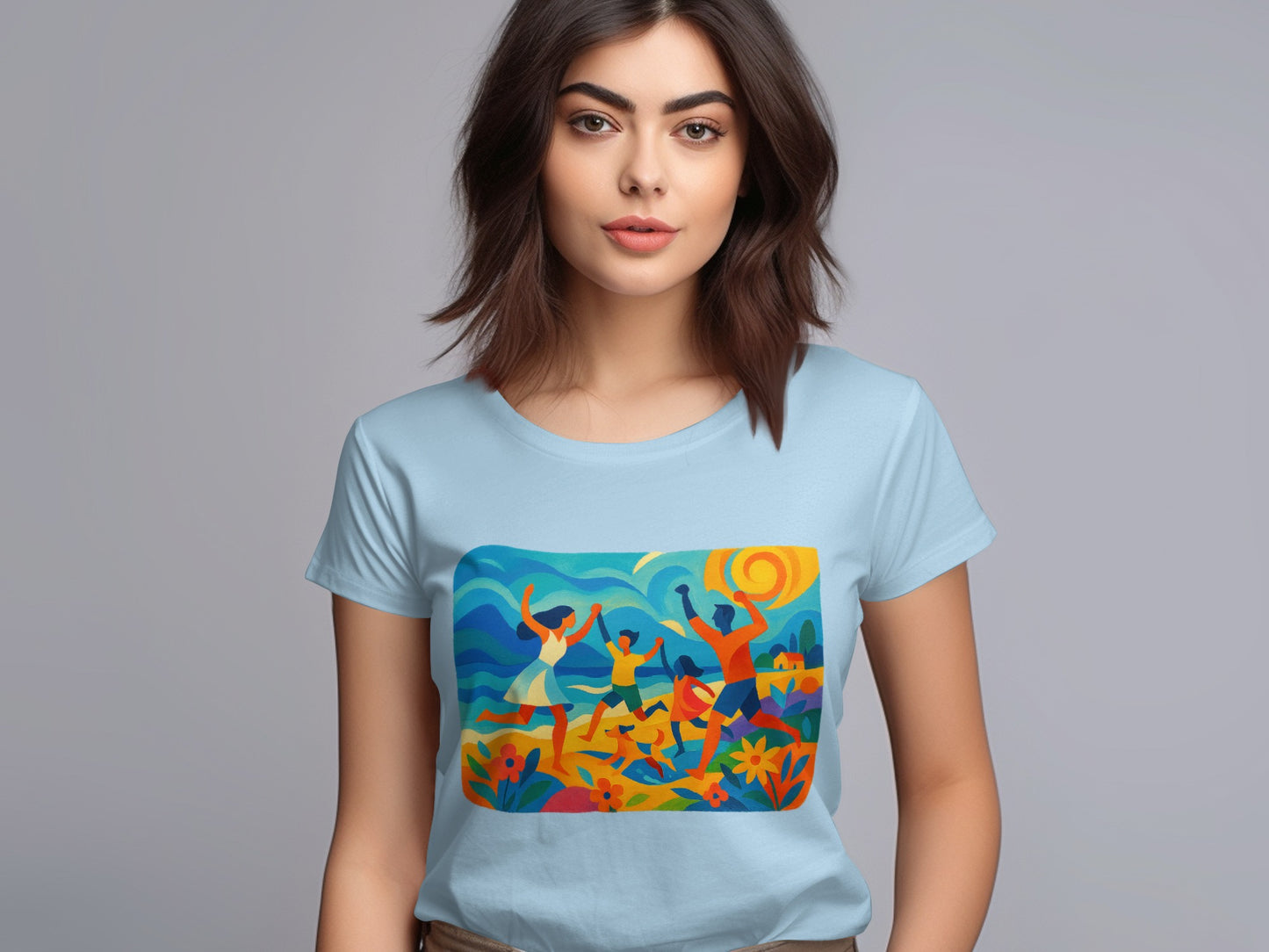 Vibrant Dance Graphic Art on Light Blue T-shirt product type