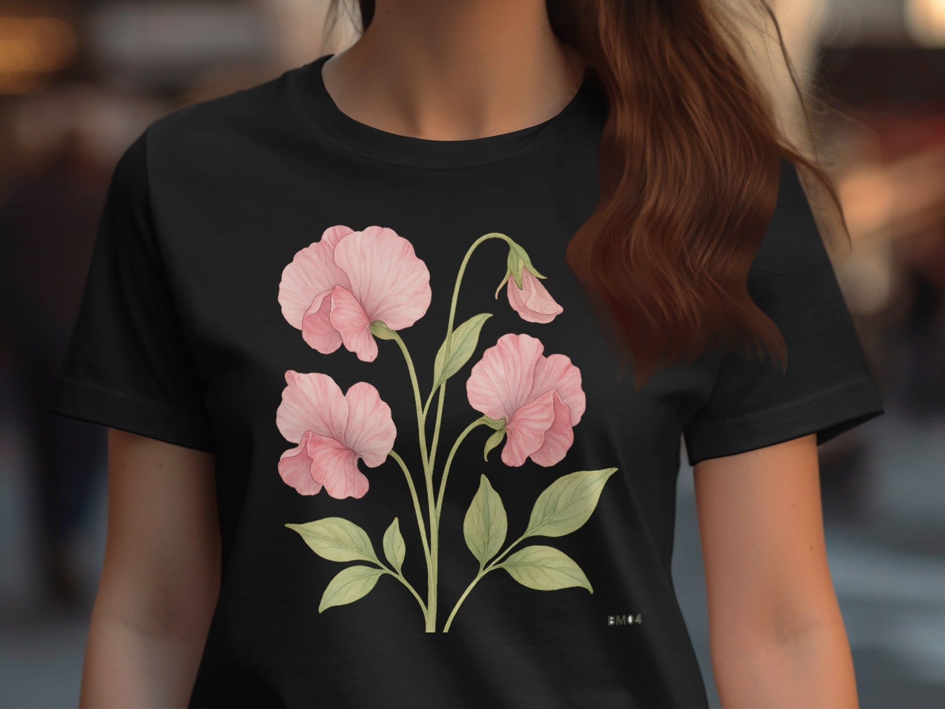 Stylish Floral Design on Black T-Shirt product type