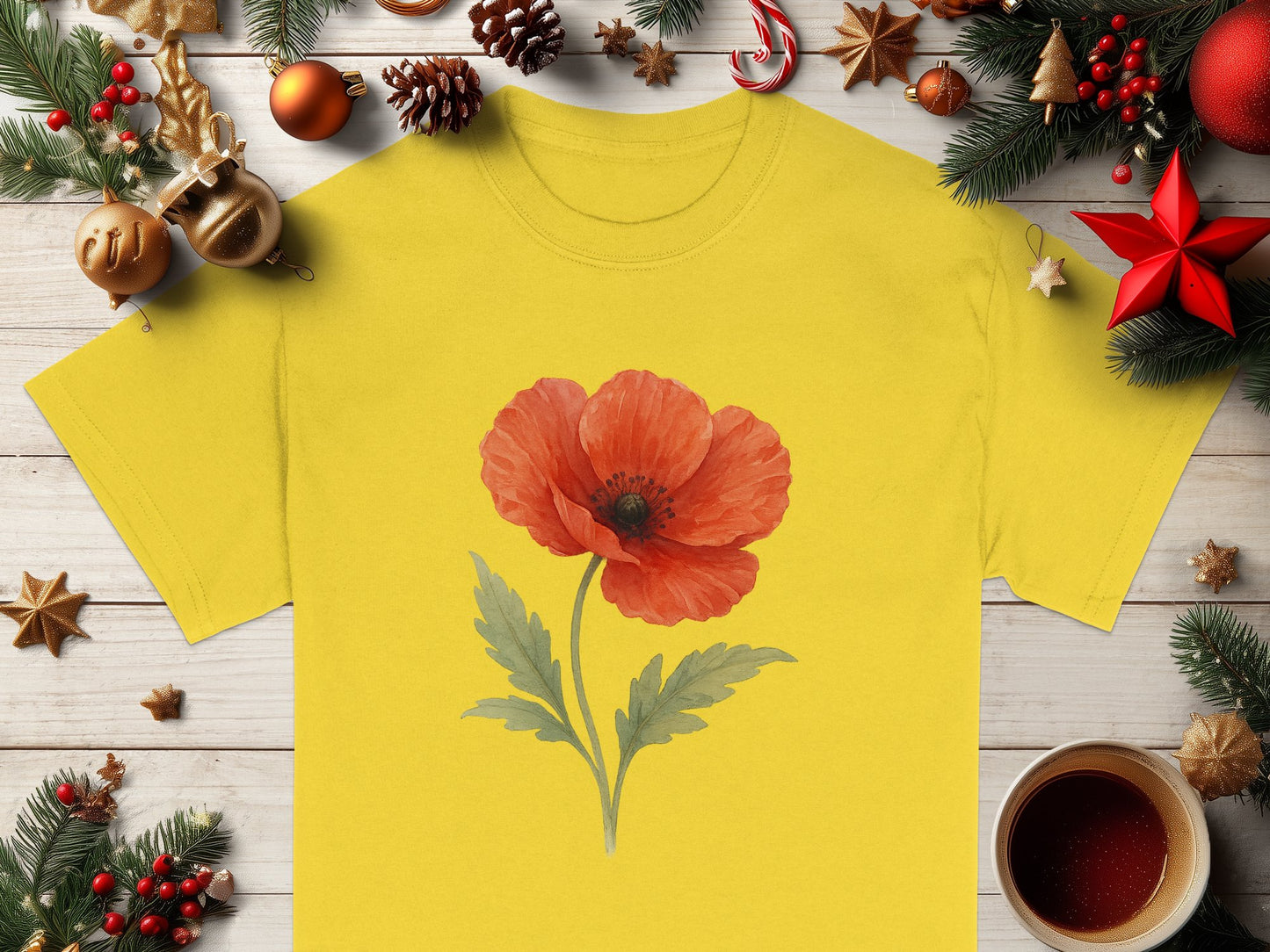 Festive Holiday Yellow T-Shirt with Red Flower product type
