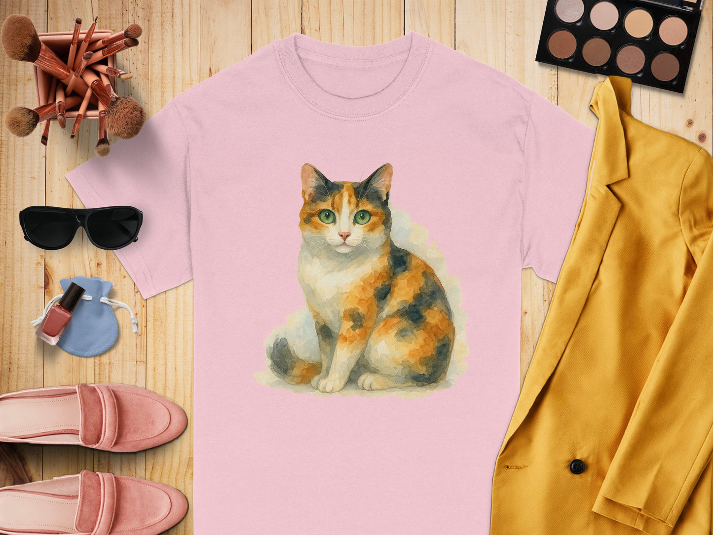 Colorful Calico Cat Print on Pink Tee Fashion product