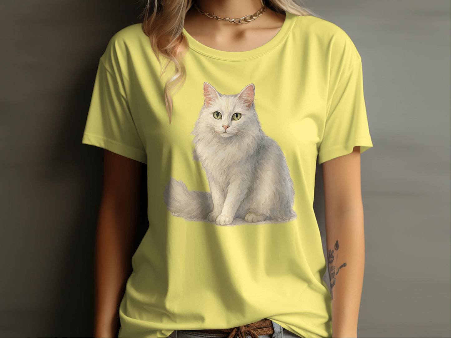 Cute White Cat Print Yellow Fitted Short Sleeve Tee product