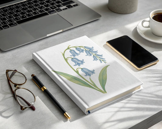 Laptop work desk with floral bluebell notebook product