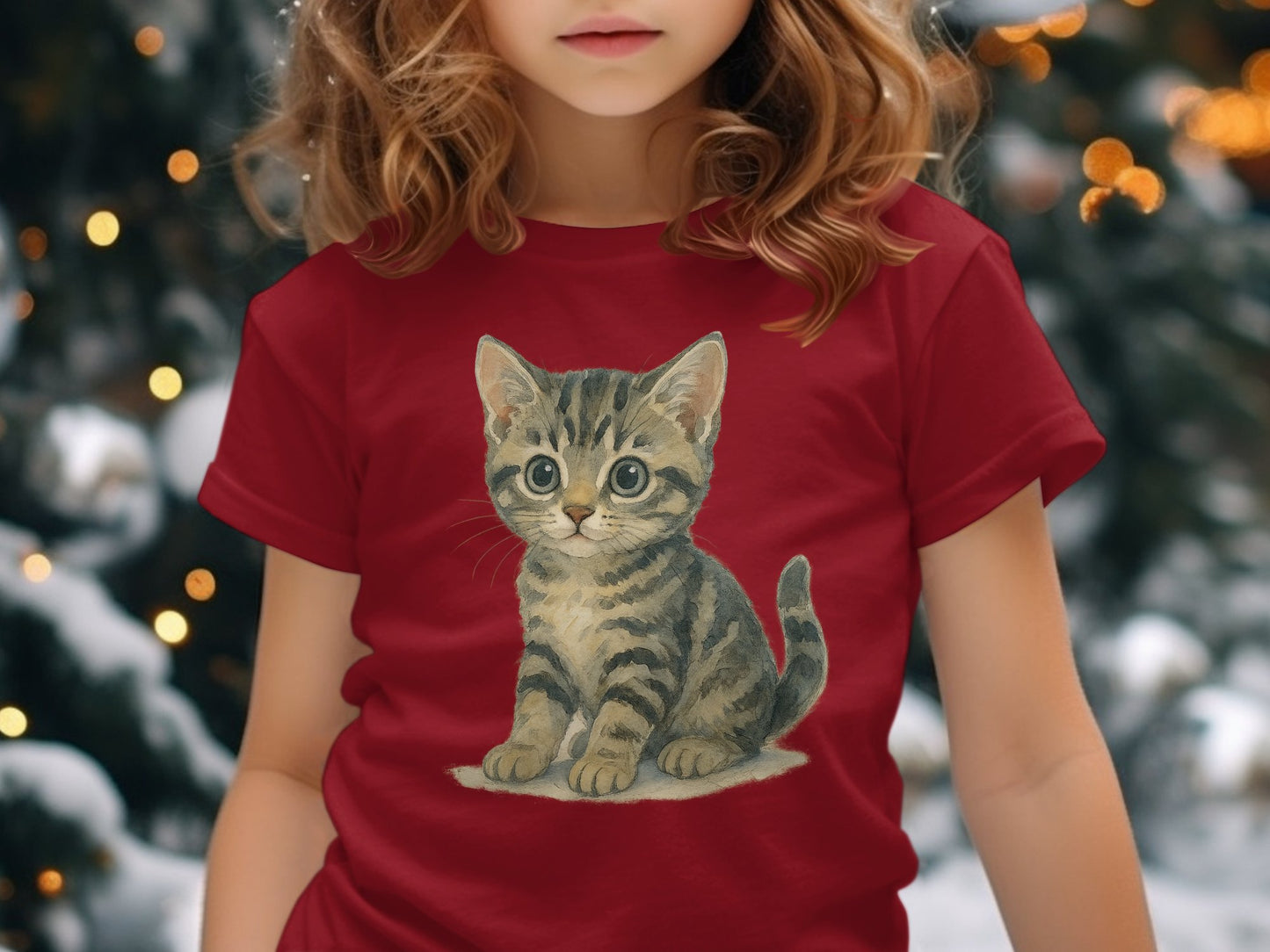 Cute Kitten Print on Red Tee Shirt for Kids Product