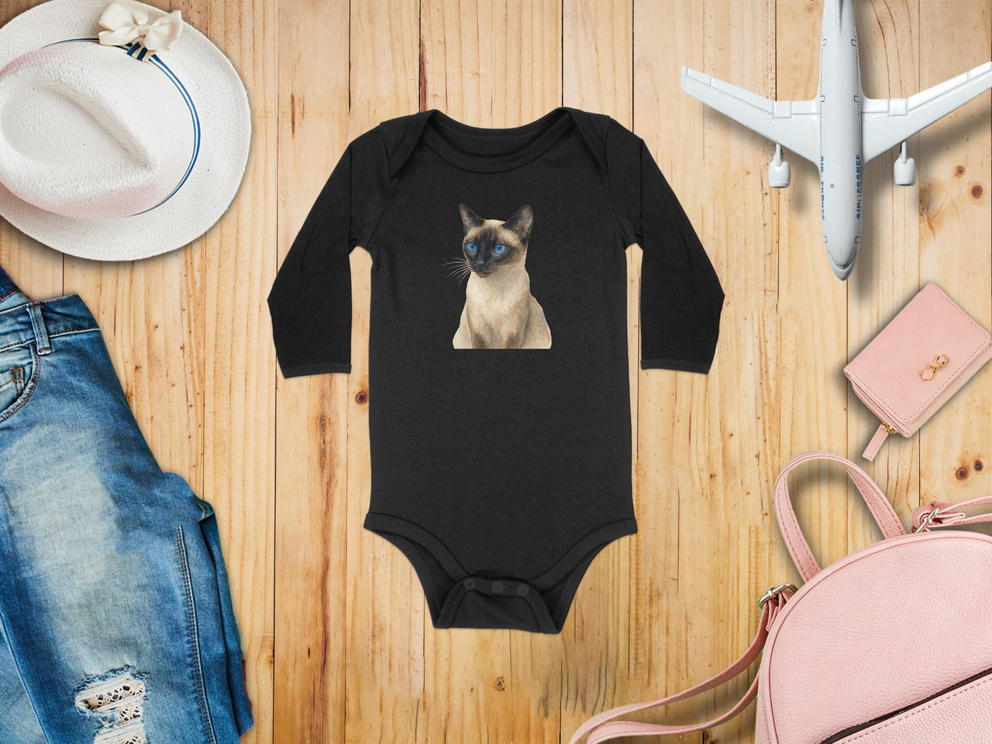 Cute Cat Printed Long Sleeve Black Baby Bodysuit product