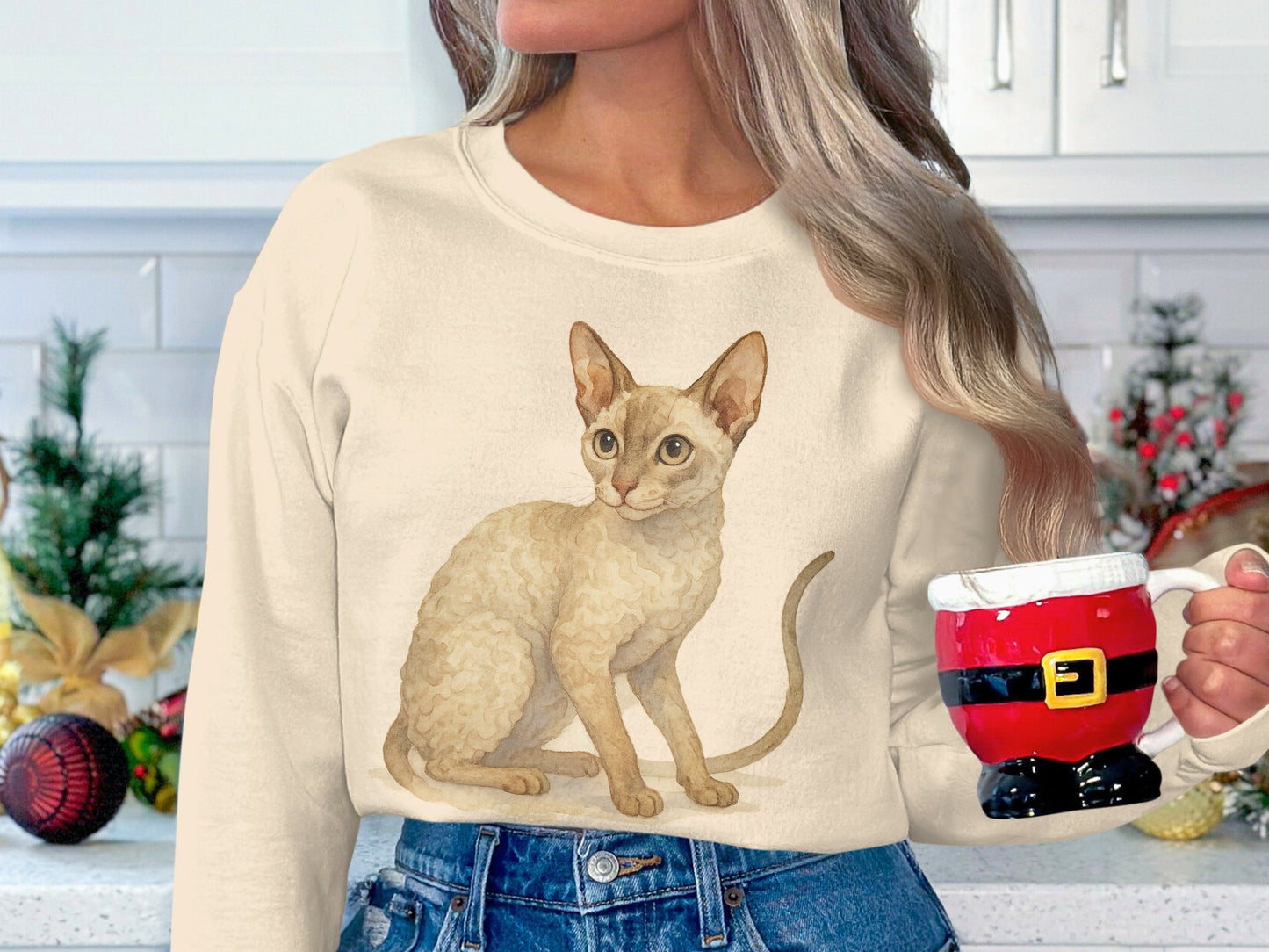 Adorable Curl-Eared Kitten Print Sweater product