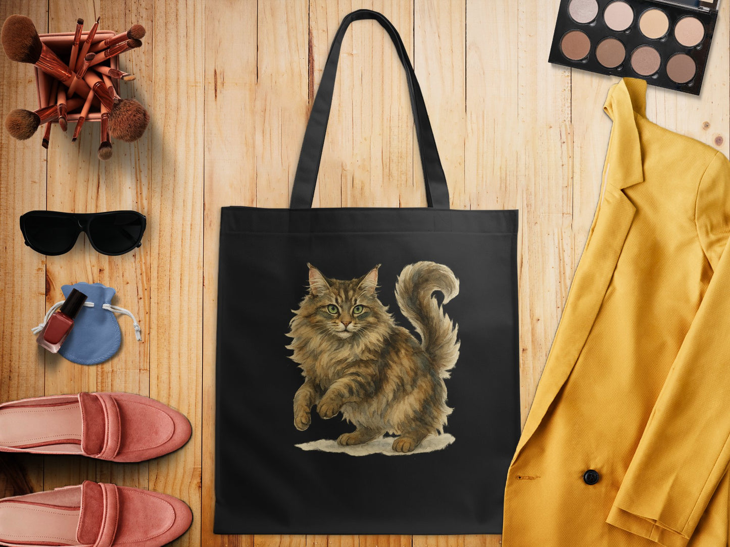 Stylish Black Tote Bag with Majestic Cat Design product type