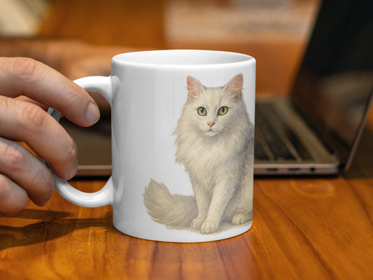 White Long Haired Cat Illustration Mug product