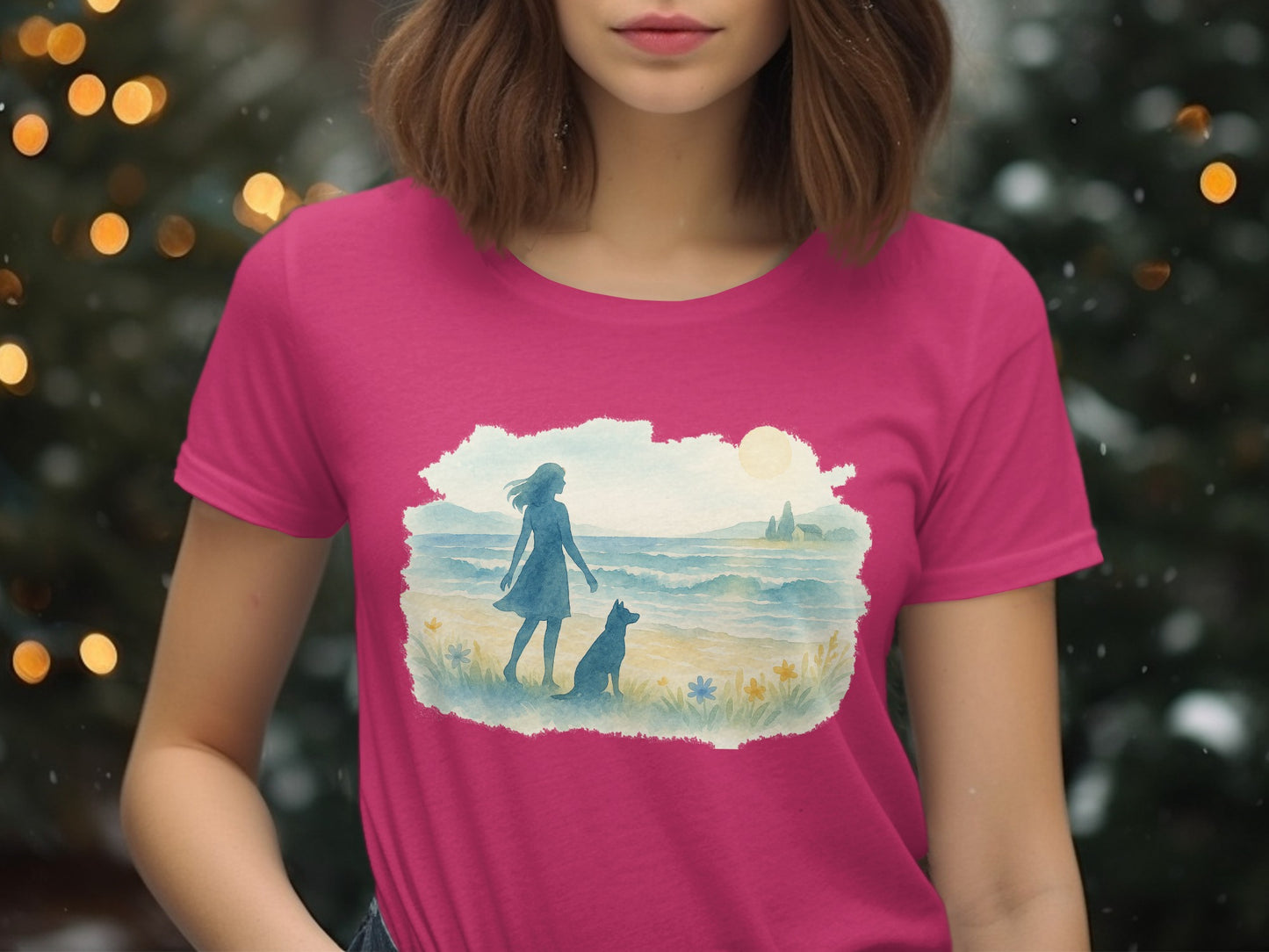 Woman and Dog Beach Sunset Pink Graphic T-Shirt product