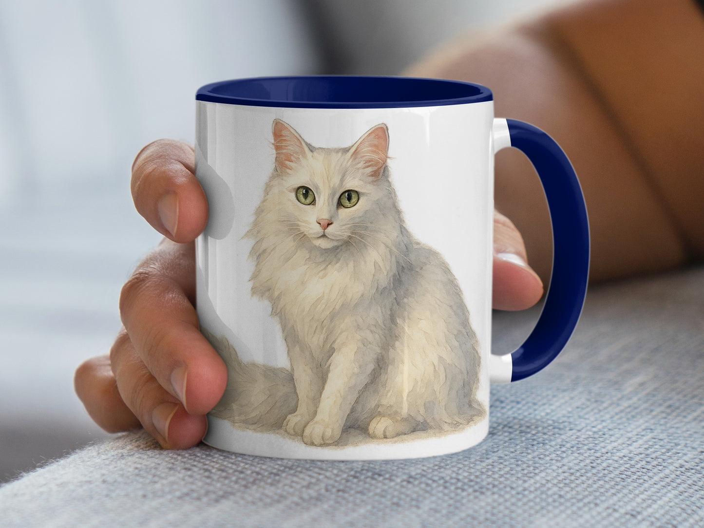 Adorable White Cat Artwork on a Blue Handle Coffee Mug product