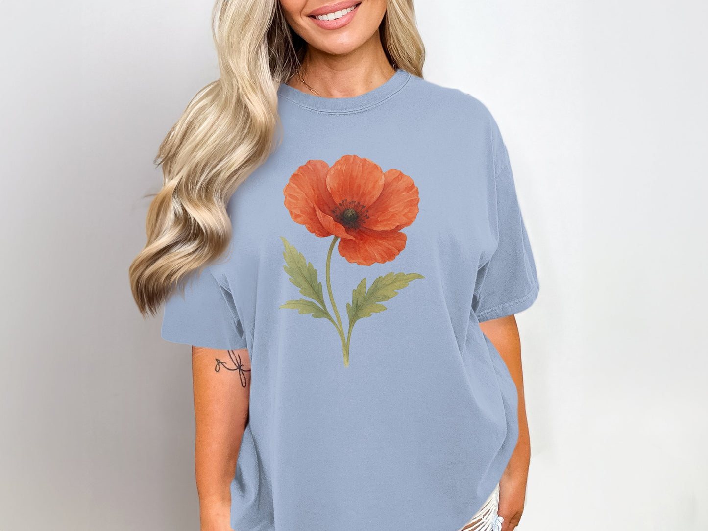 Stylish Blue T-Shirt with Red Poppy Flower print product type