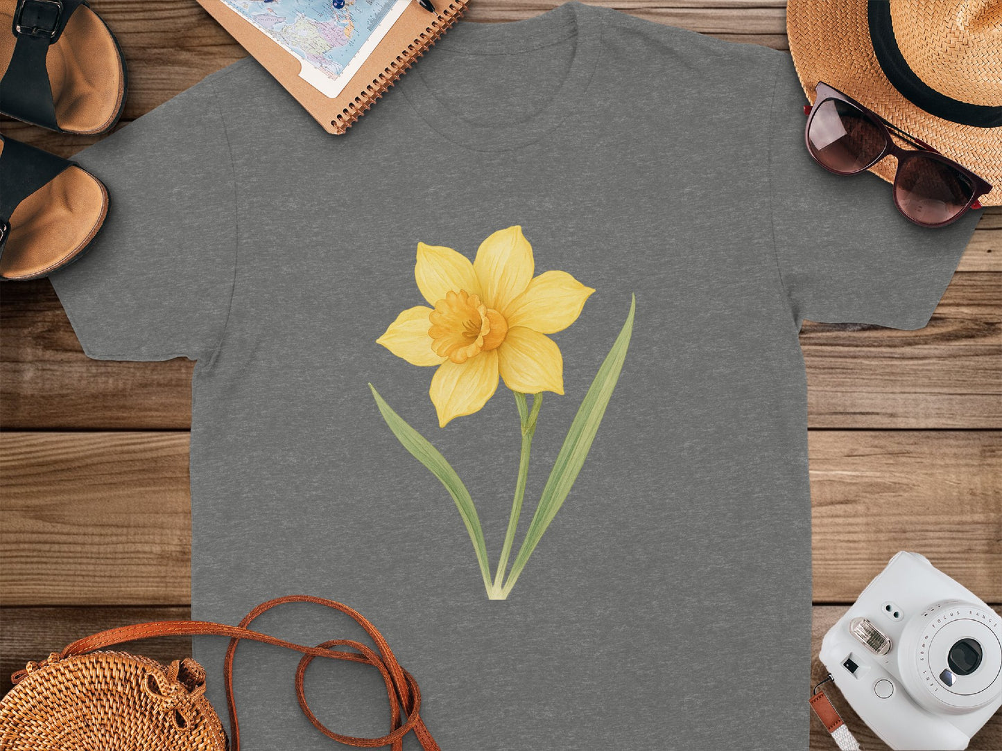 Yellow Daffodil Flower Graphic Printed Grey Shirt product type