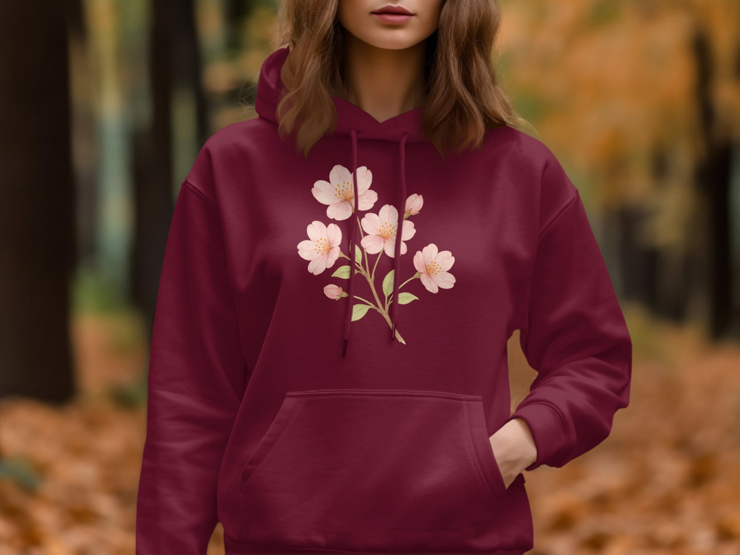 Blossom Printed Cherry Flower Burgundy Hoodie product
