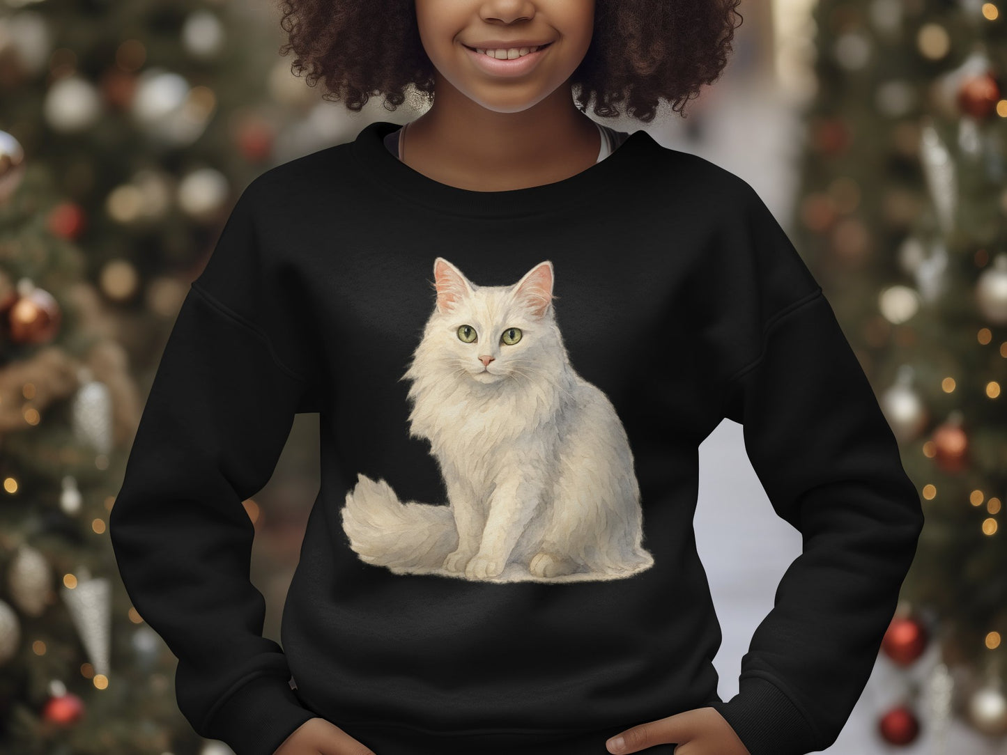 White Feline Graphic on Black Youth Sweatshirt product type