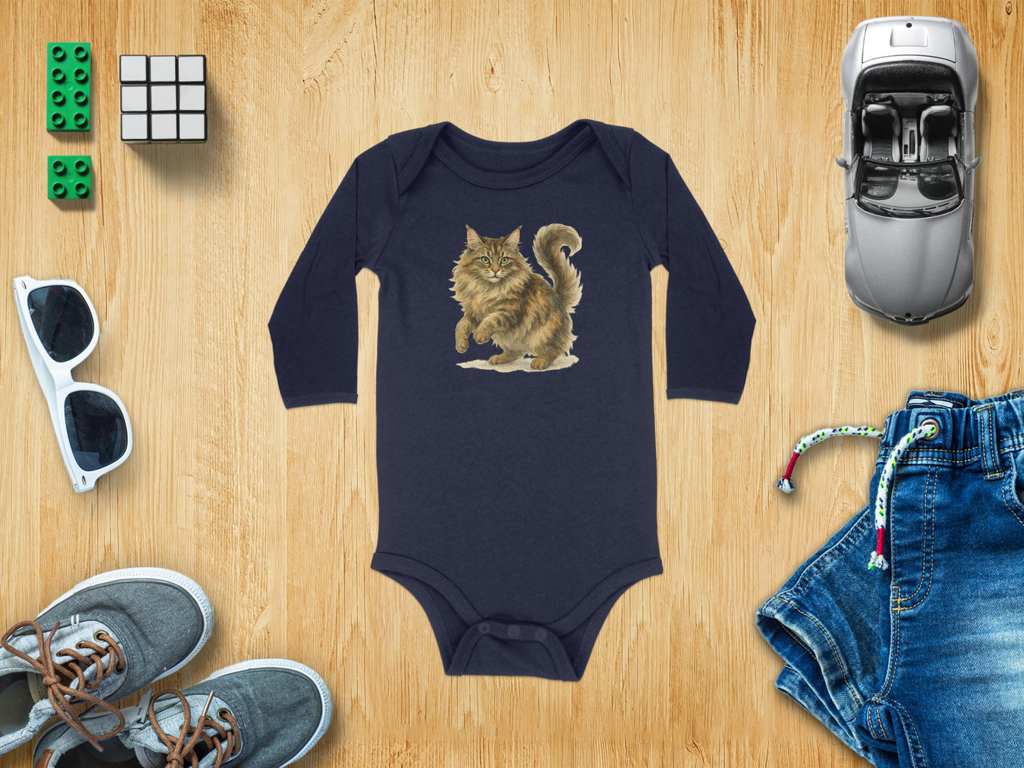 Playful Cat Printed Design Long Sleeve Bodysuit product