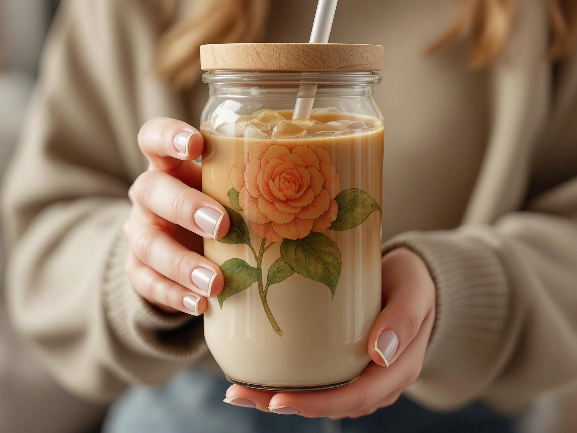 Floral Design Glass Jar with Bamboo Lid drinkware product type