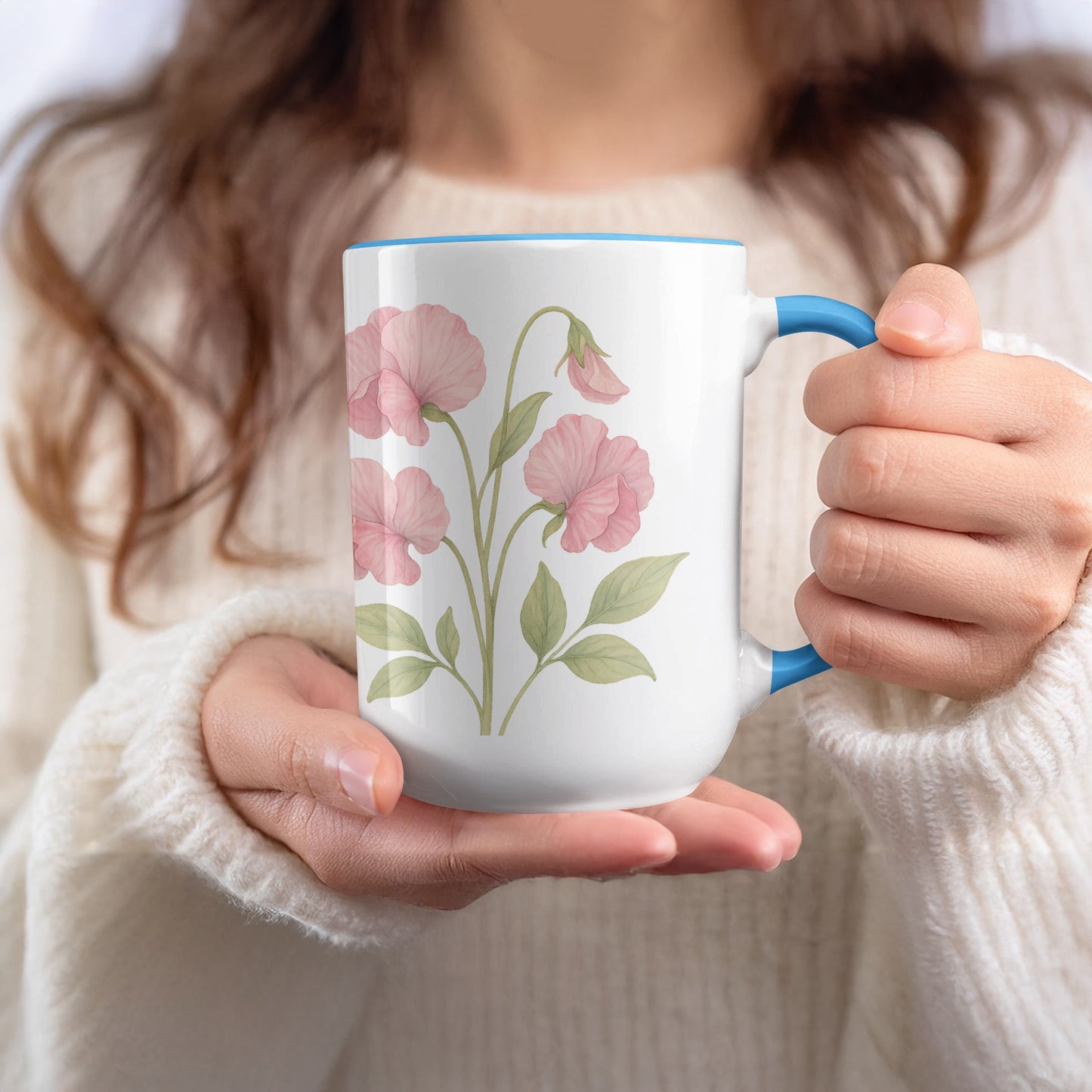 Floral Design Mug With Blue Handle Ceramic Product