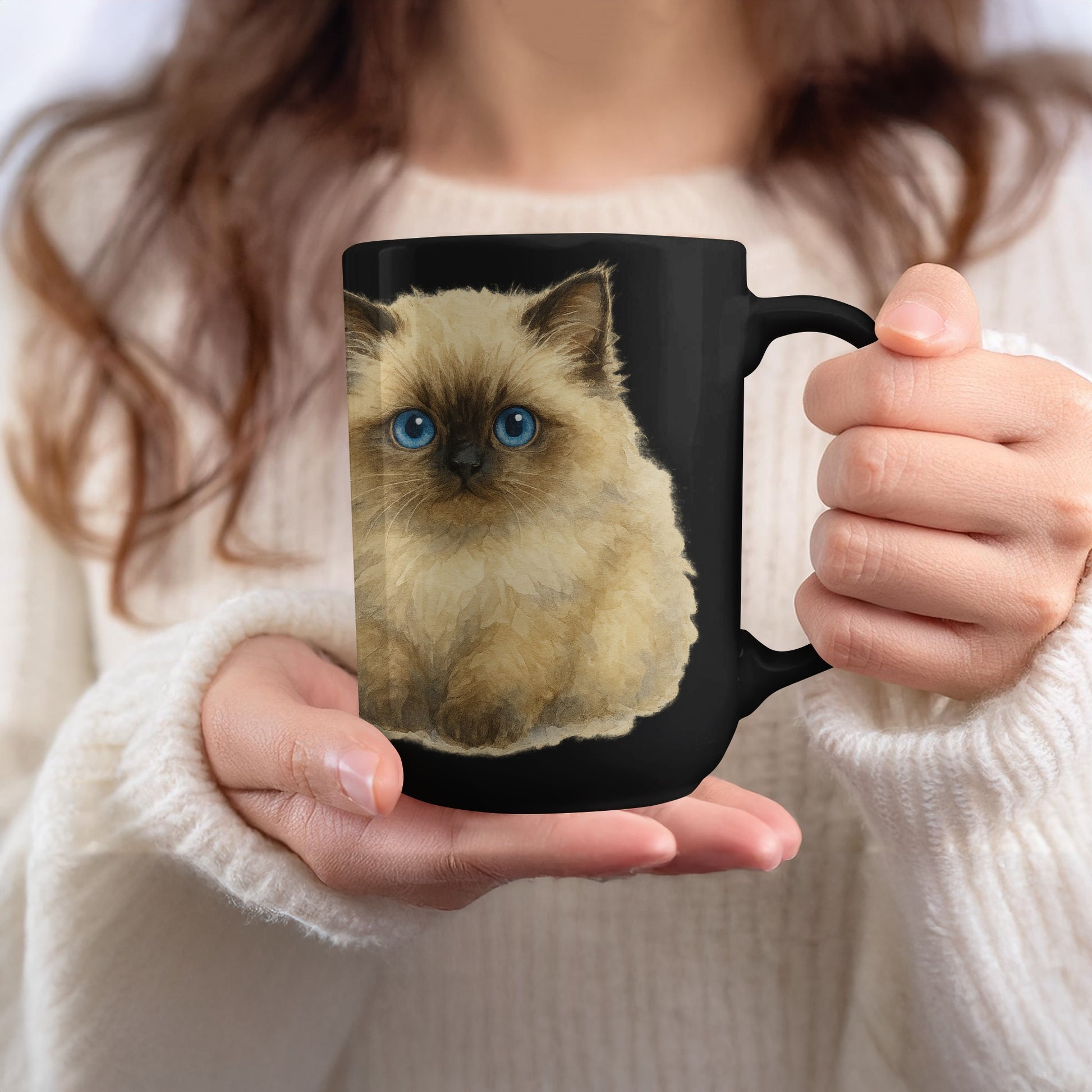 Cute Blue-Eyed Kitten Design Black Mug product type