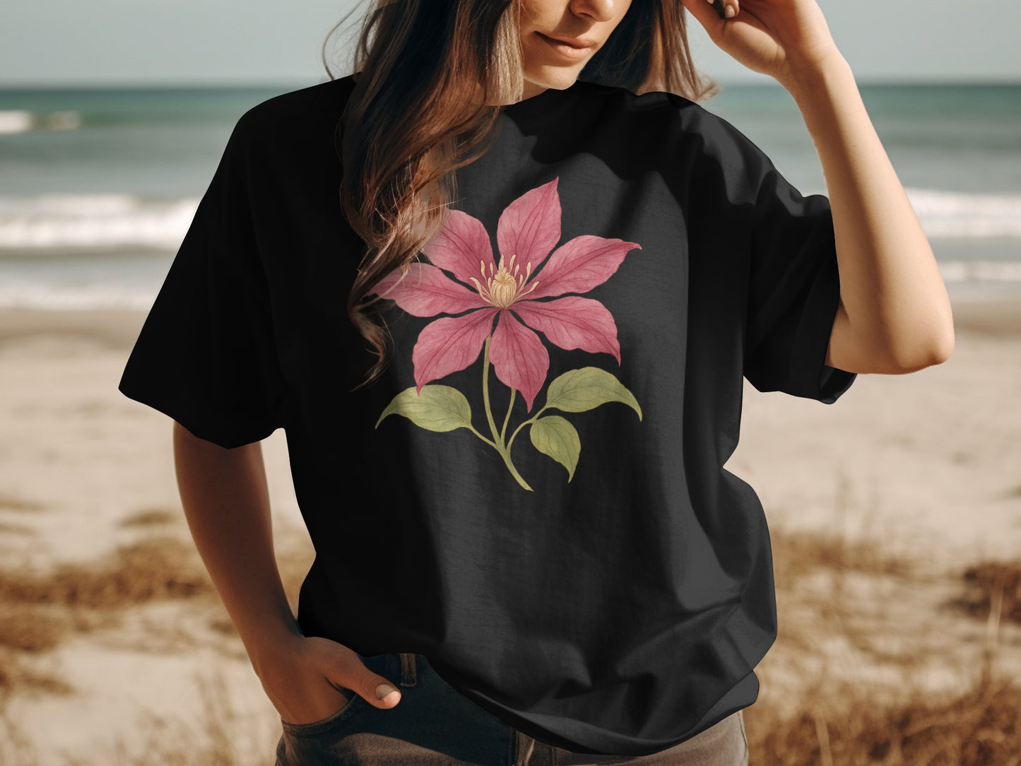 Pink Clematis Floral Printed Casual Wear T-Shirt product type