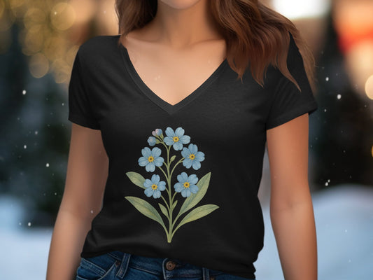 Stylish V Neck Black T-Shirt with Floral Graphic Product