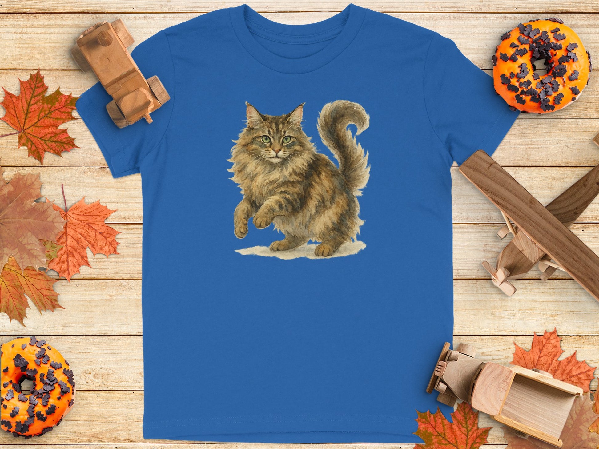 Cute Fluffy Cat Illustration on Blue T-shirt product type