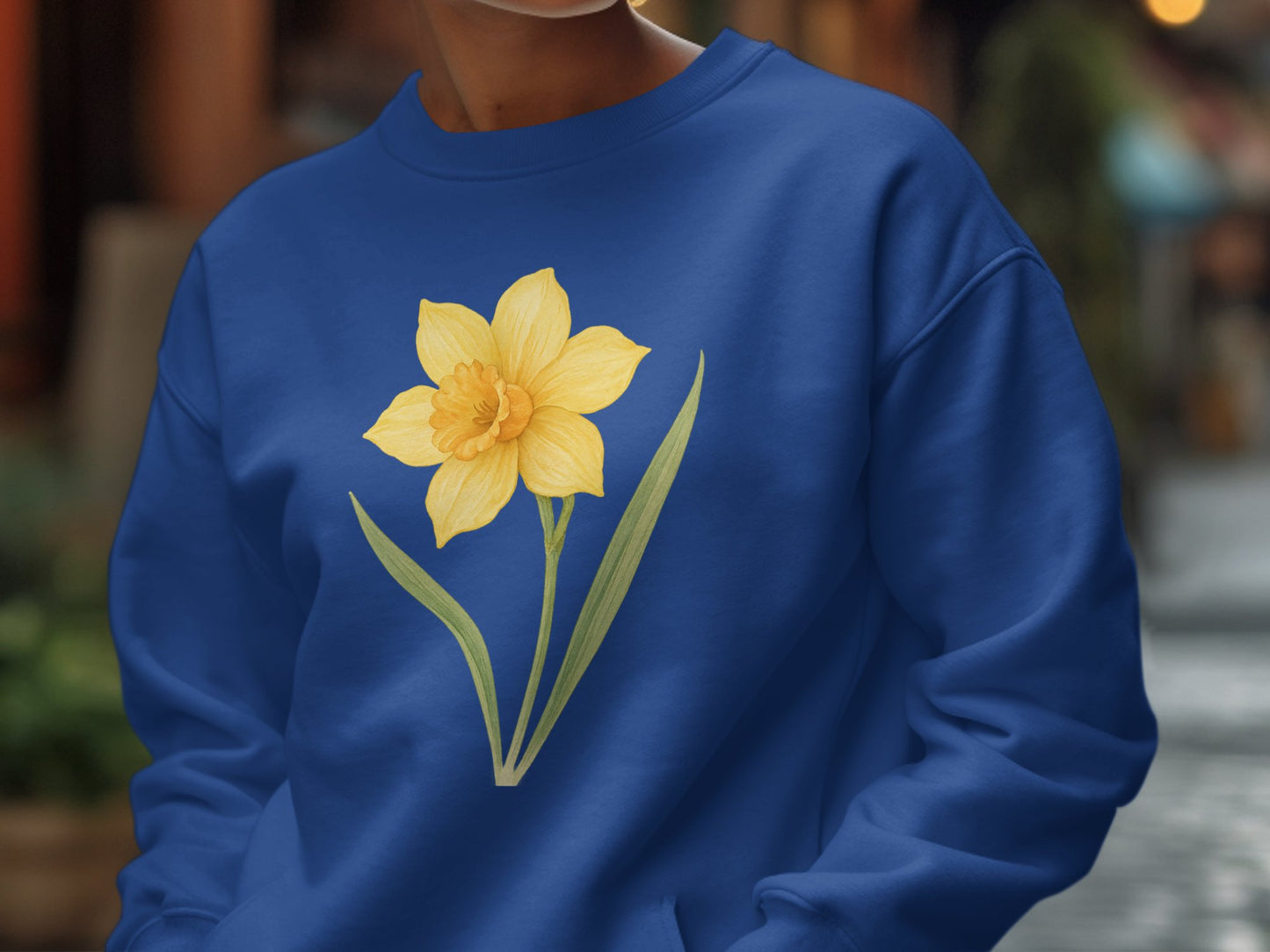Blue Sweatshirt with Vibrant Yellow Flower Design product