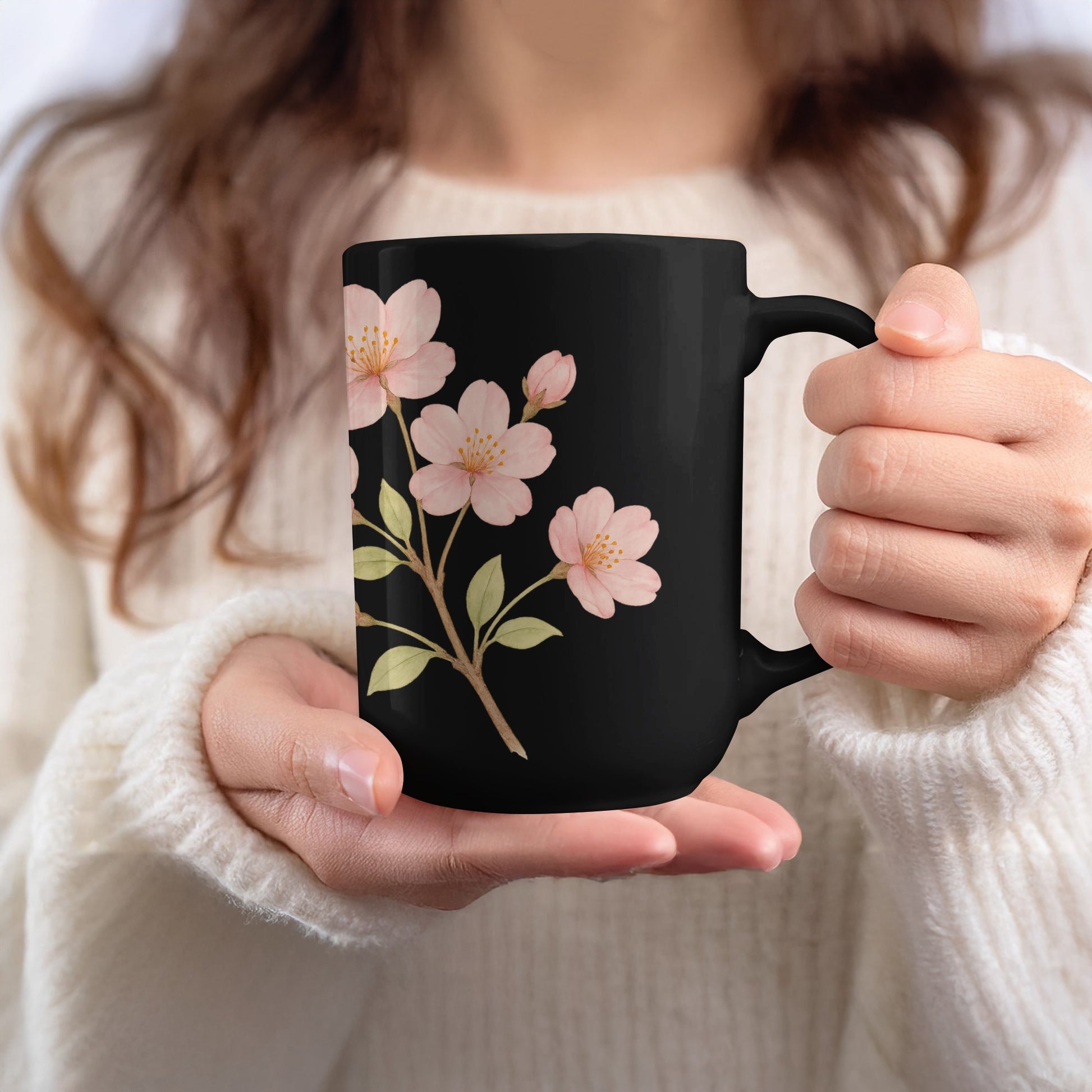 Floral Blossom Design on Black Ceramic Mug product