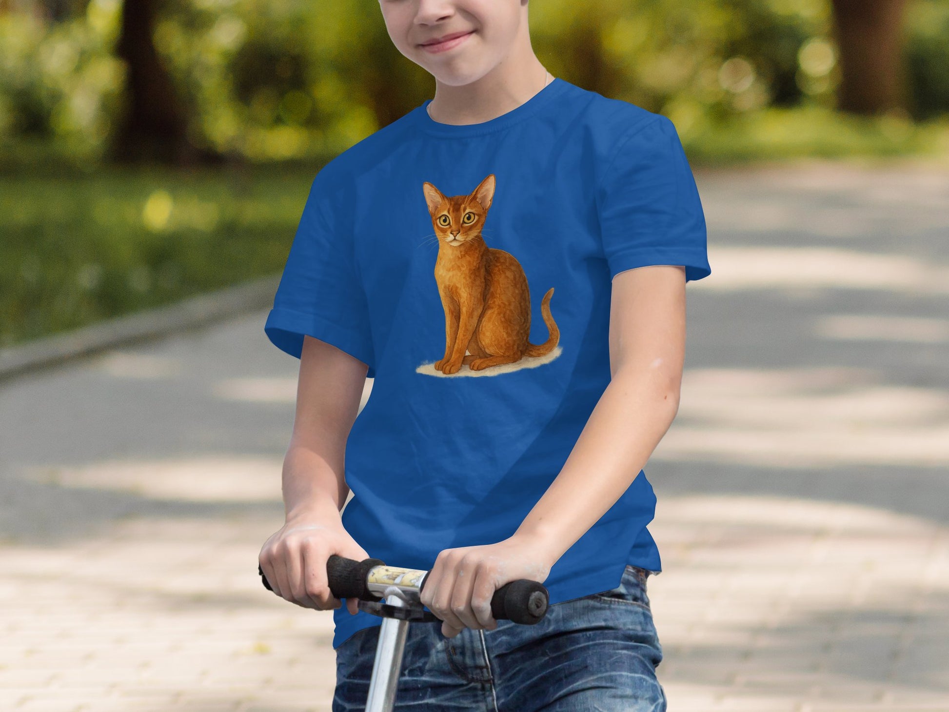 Boy Wearing Blue Tee with Cat Illustration Shirt product type