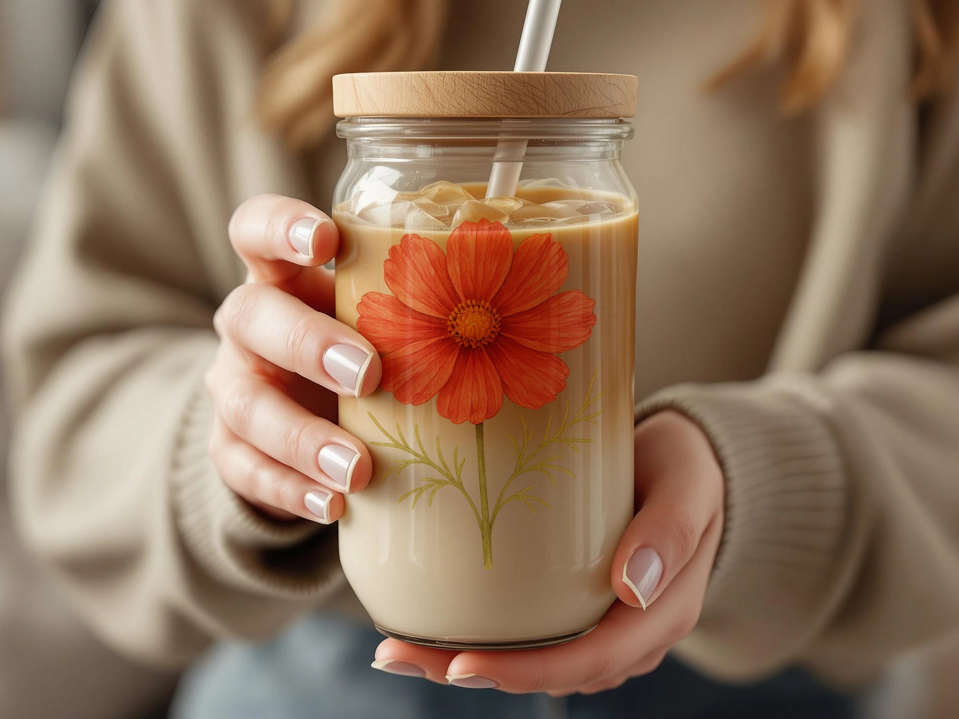 Stylish Floral Design Glass Jar with Straw product