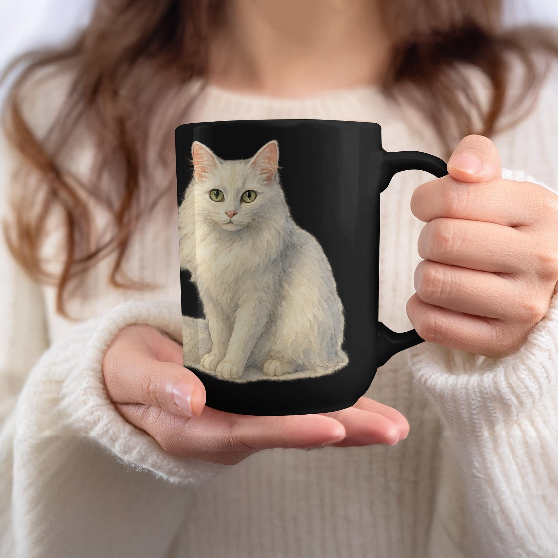 Stunning White Cat Design on Black Coffee Mug product