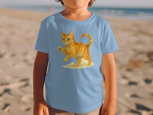 Cute Orange Cat Illustration on Light Blue T-Shirt product type