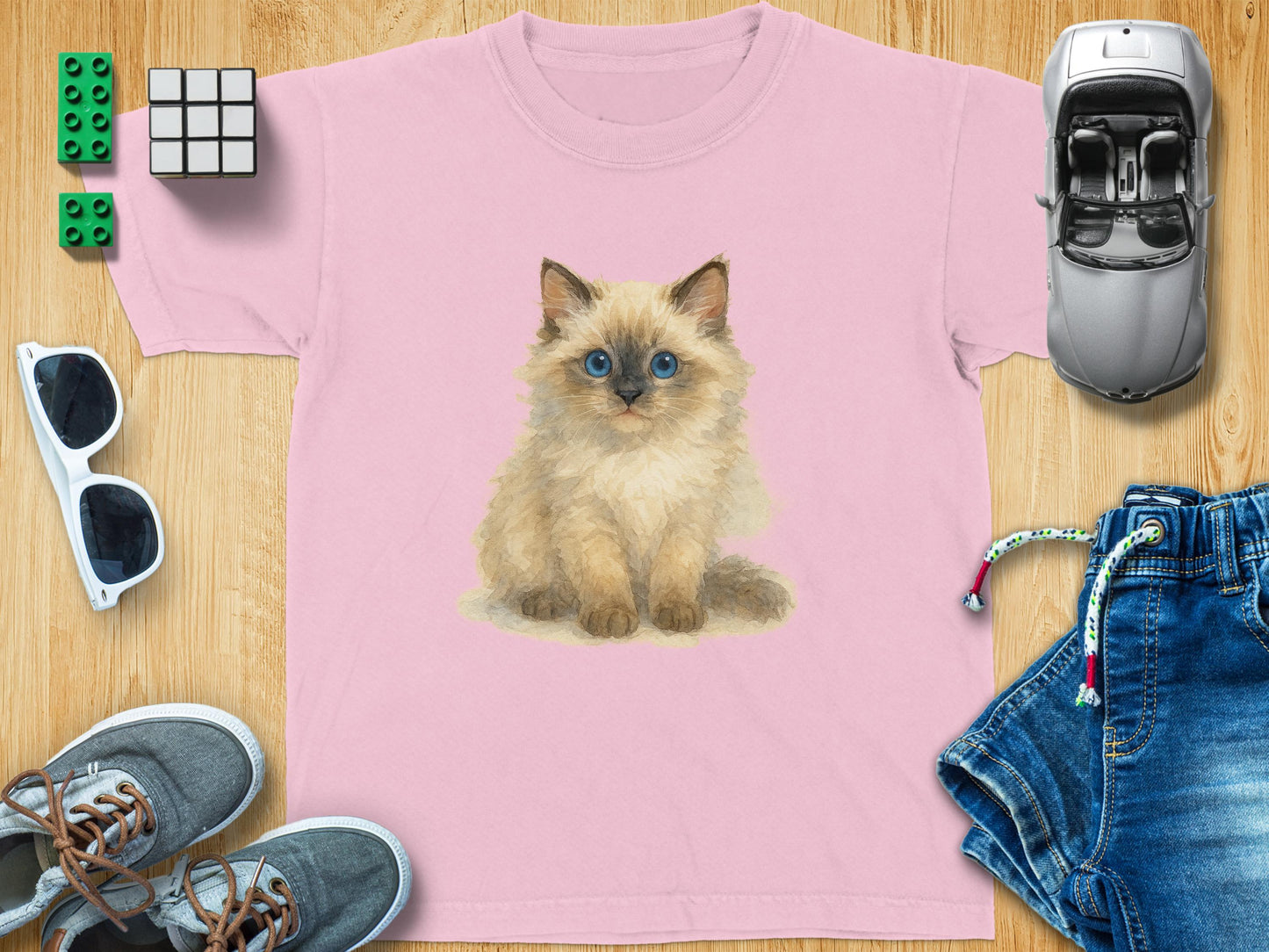 Cute Fluffy Kitten Graphic on Pink Kids T-Shirt product type