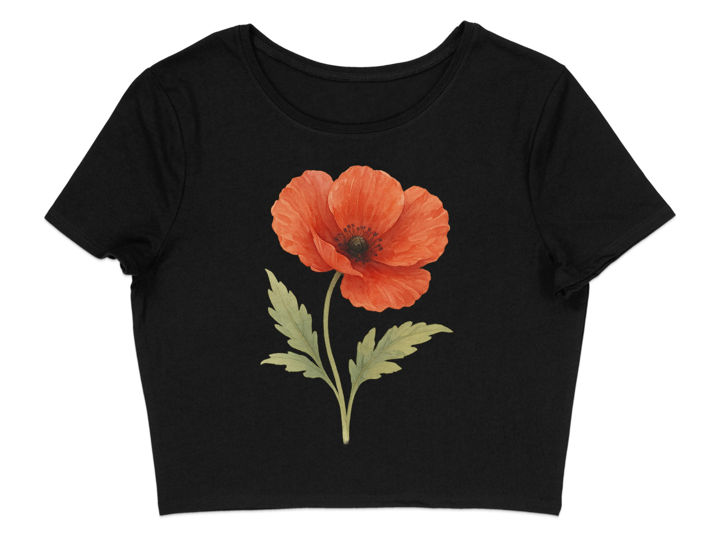 Floral Print Black T-Shirt with Red Poppy Design product type