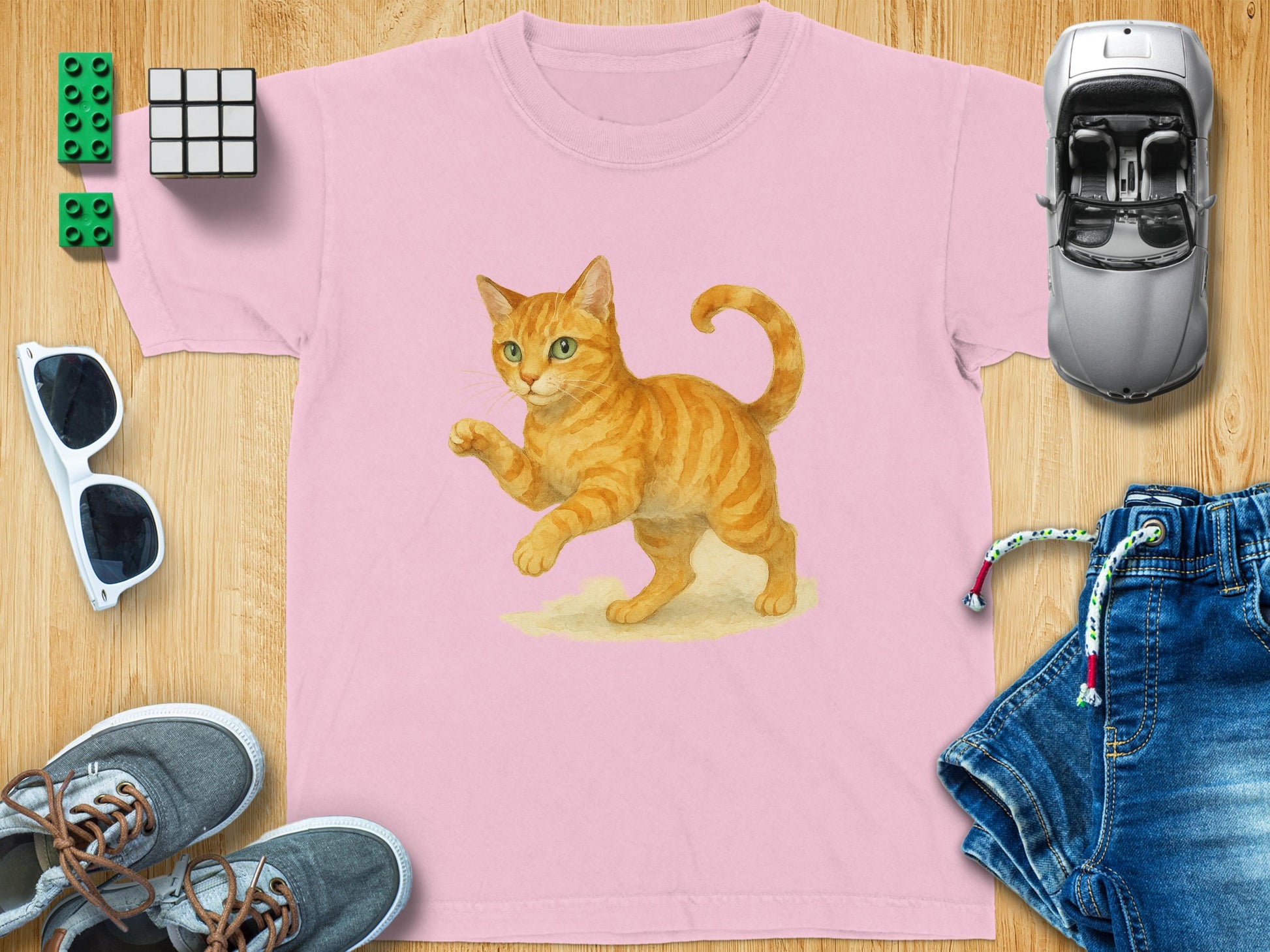 Playful Orange Kitten Pink Background T-Shirt product type