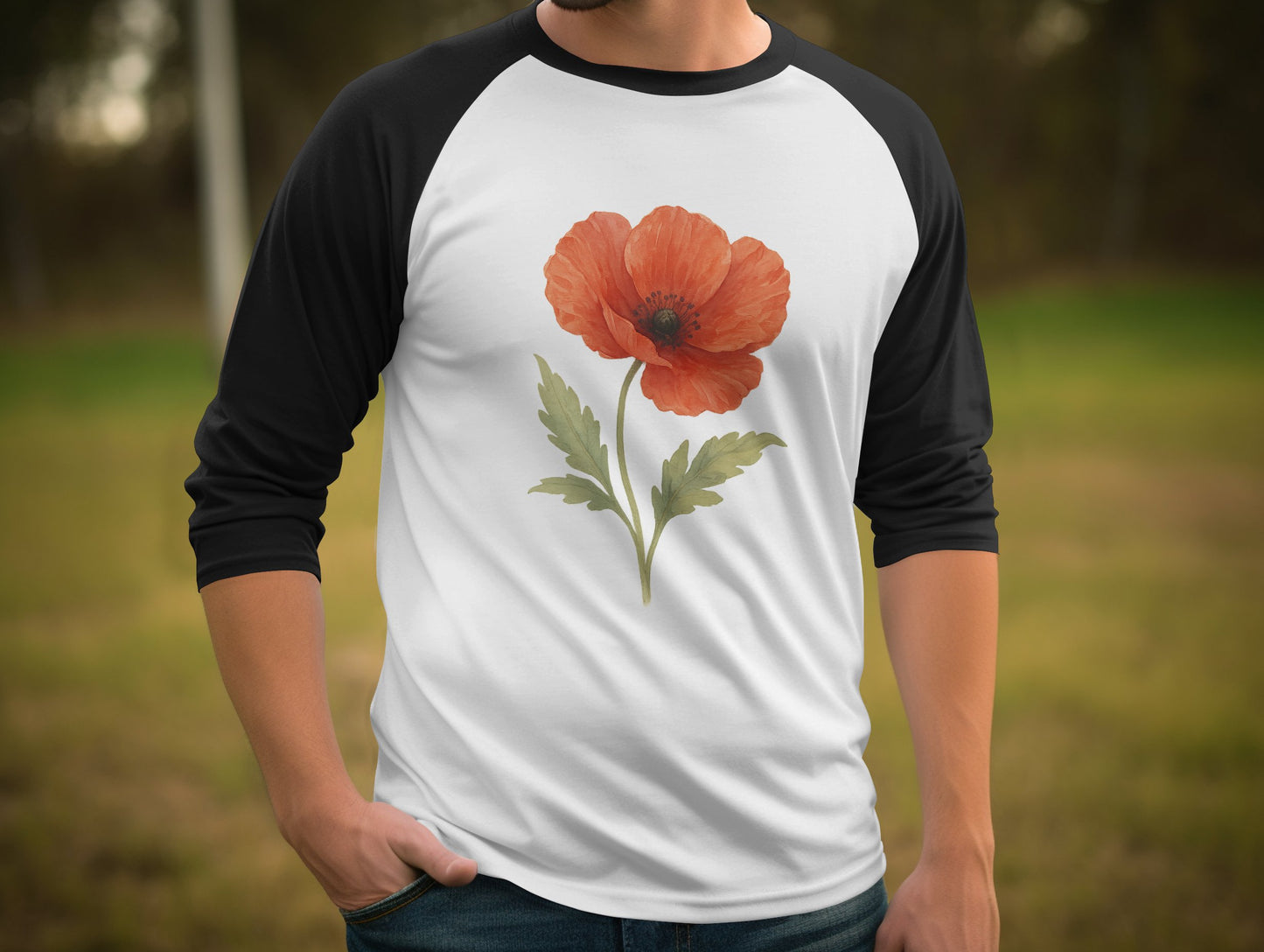 Vibrant Red Poppy Design on Black Sleeves Raglan product