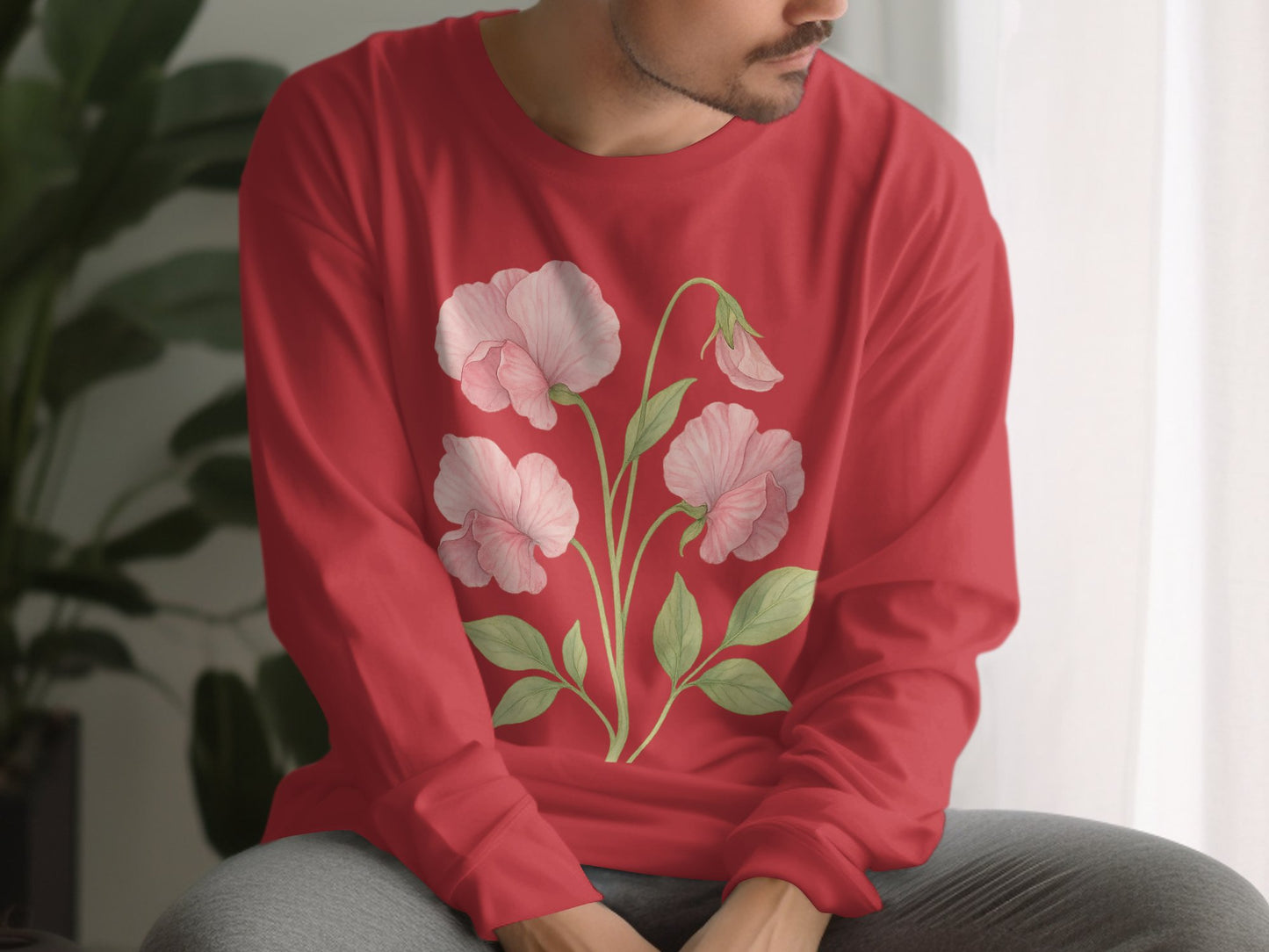 Red Long Sleeve Shirt with Pink Flower Design product