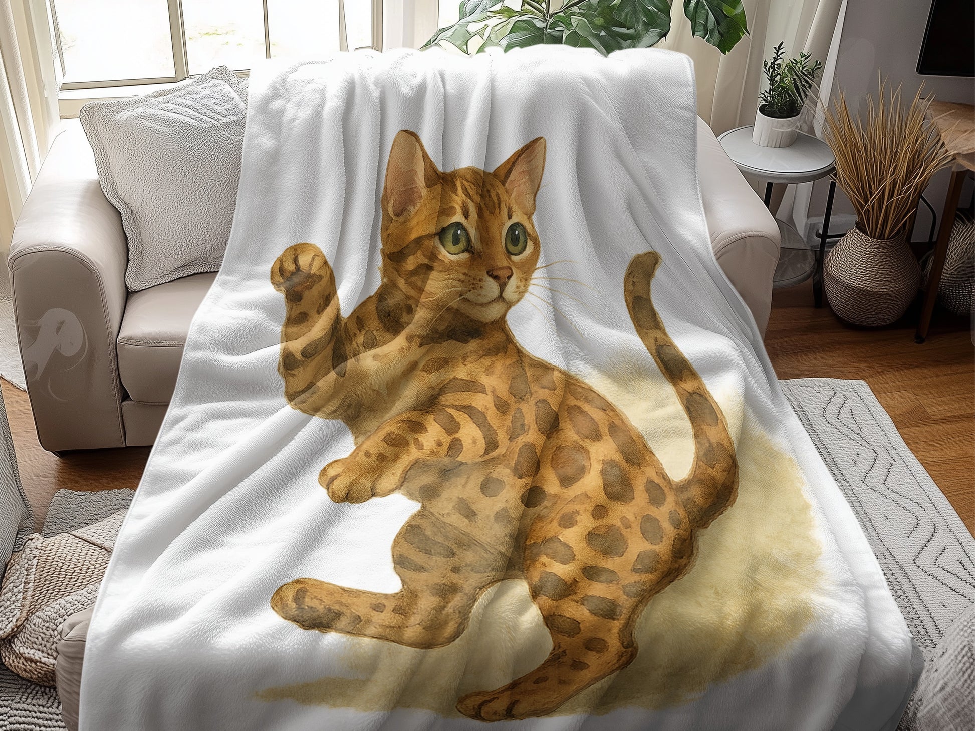 Cute Playful Bengal Cat Illustration Blanket product