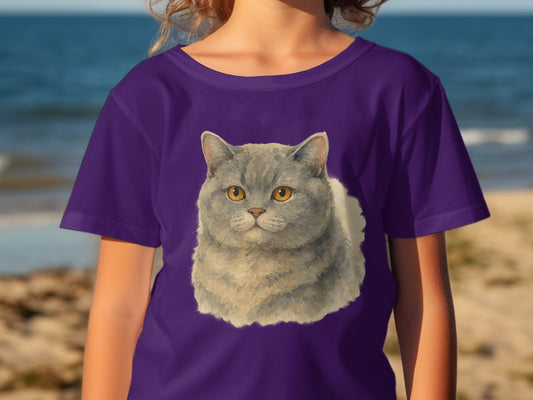 Adorable Grey Cat Print On Purple Kids T-Shirt product